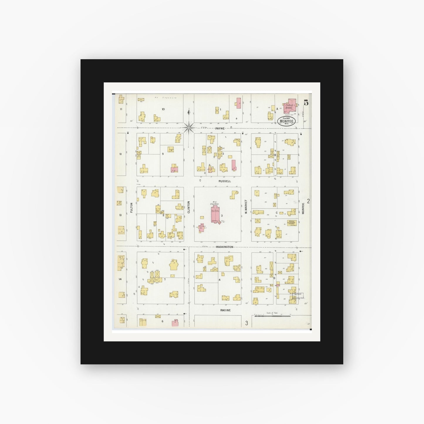 Old map wall art mockup — black gallery frame with white mat — Sanborn Fire Insurance Map from Monroe, Green County, Wisconsin (1900), Sheet #0005