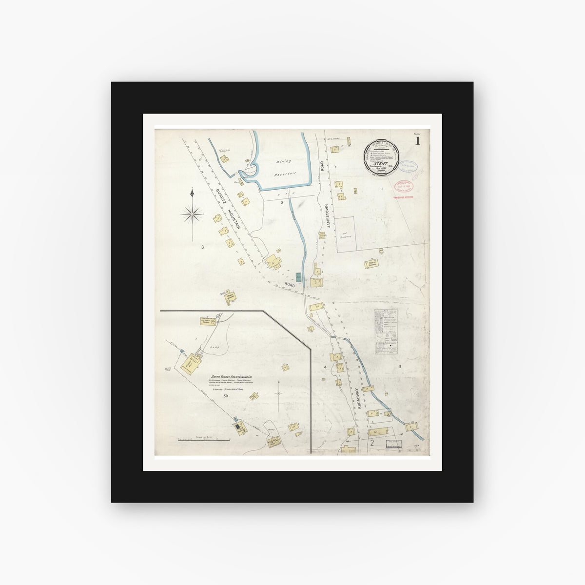 Old map wall art mockup — black gallery frame with white mat — Sanborn Fire Insurance Map from Stent, Tuolomne County, California (1898) - Complete Map Set