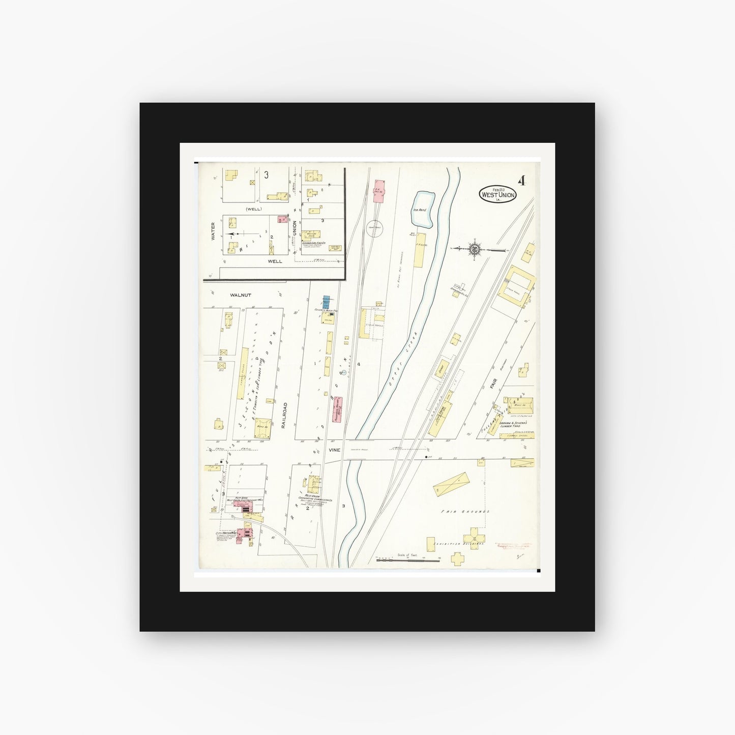 Old map wall art mockup — black gallery frame with white mat — Sanborn Fire Insurance Map from West Union, Fayette County, Iowa (1913), Sheet #0004
