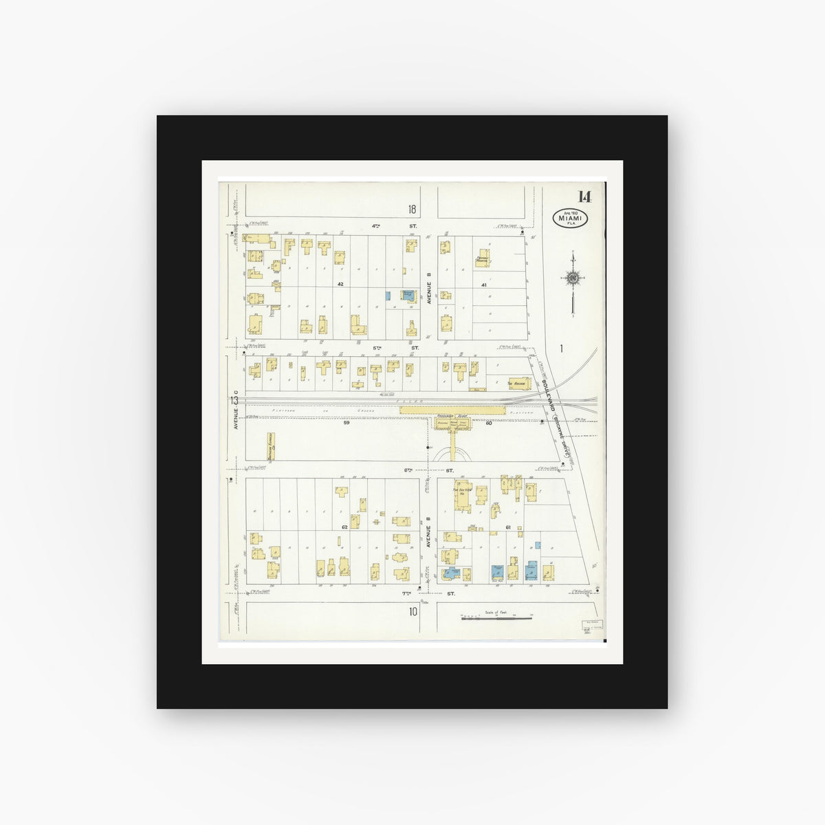 Old map wall art mockup — black gallery frame with white mat — Sanborn Fire Insurance Map from Miami, Dade County, Florida (1910), Sheet #0014