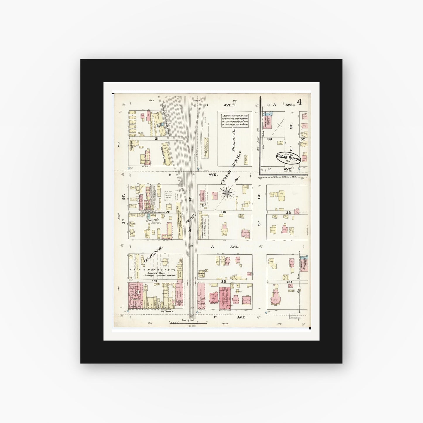 Old map wall art mockup — black gallery frame with white mat — Sanborn Fire Insurance Map from Cedar Rapids, Linn County, Iowa (1884), Sheet #0004