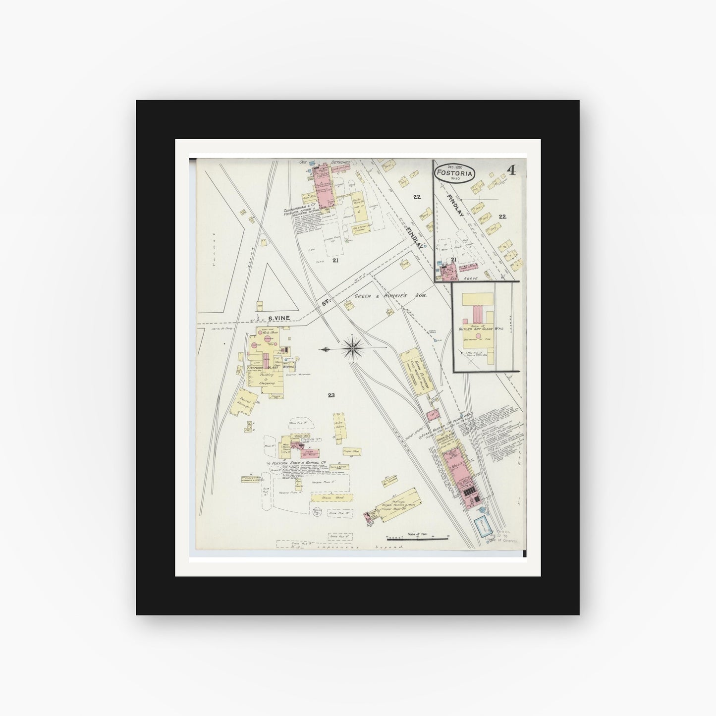 Old map wall art mockup — black gallery frame with white mat — Sanborn Fire Insurance Map from Fostoria, Seneca, Hancock, And Wood Counties, Ohio (1891), Sheet #0004