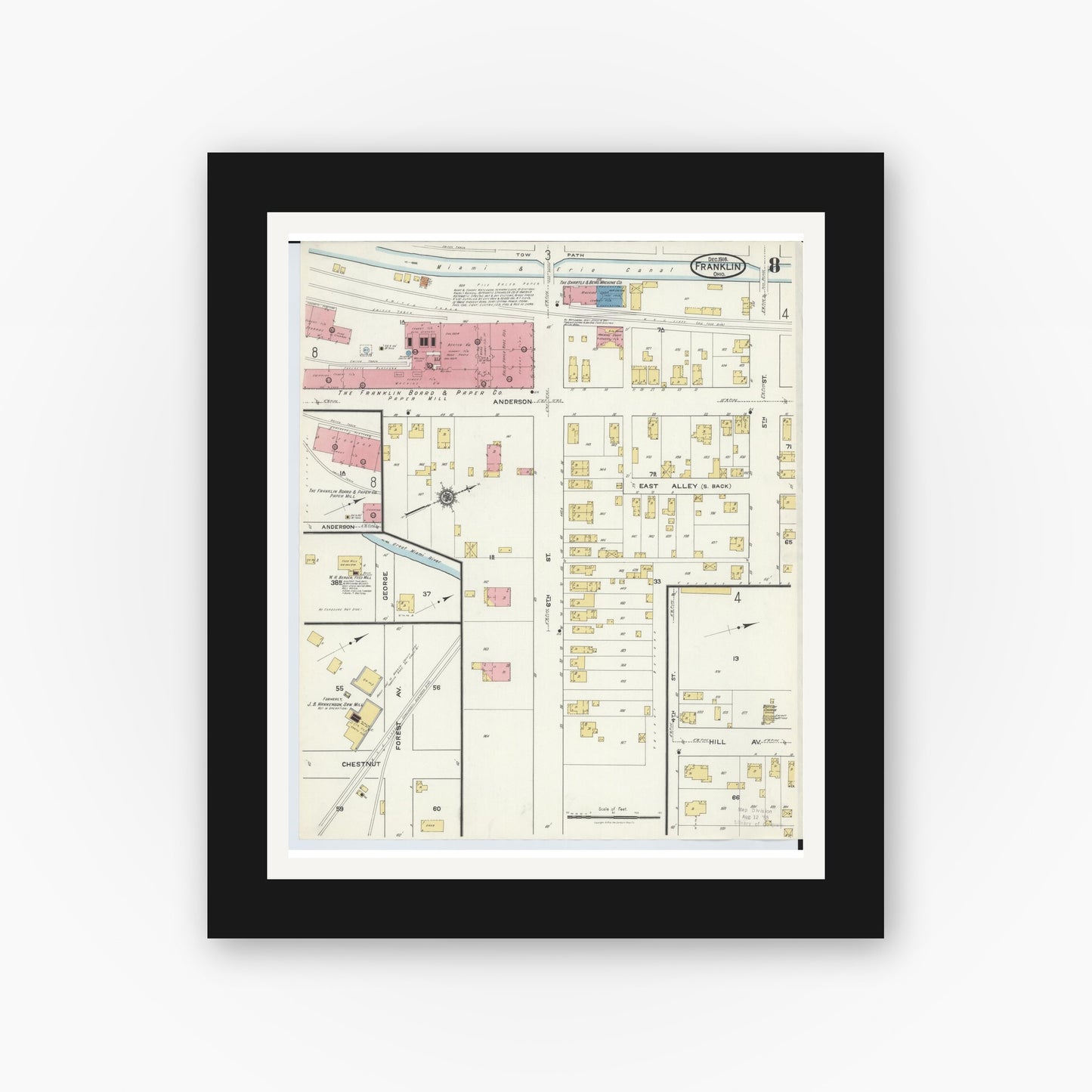 Old map wall art mockup — black gallery frame with white mat — Sanborn Fire Insurance Map from Franklin, Warren County, Ohio (1916), Sheet #0008