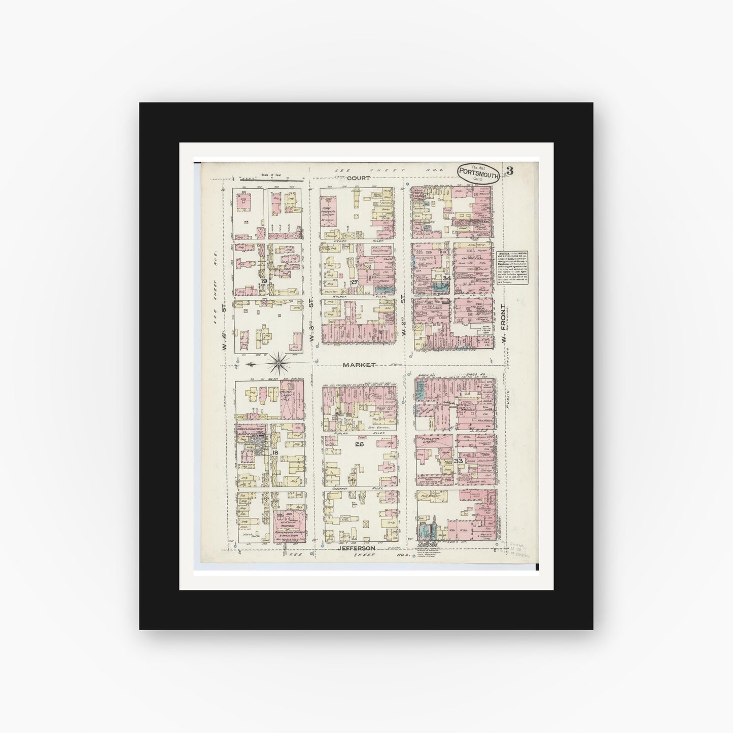 Old map wall art mockup — black gallery frame with white mat — Sanborn Fire Insurance Map from Portsmouth, Scioto County, Ohio (1884), Sheet #0003