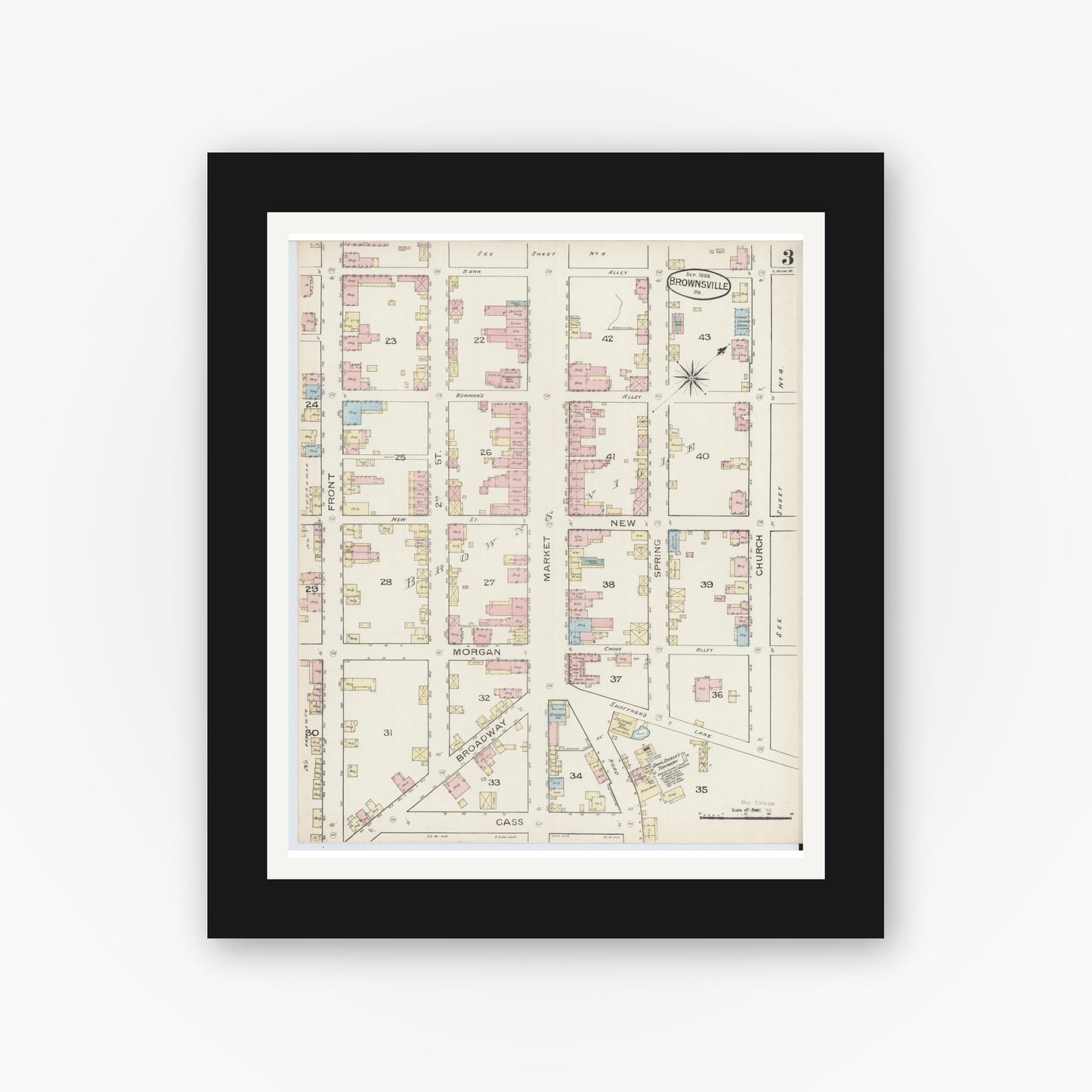 Old map wall art mockup — black gallery frame with white mat — Sanborn Fire Insurance Map from Brownsville, Fayette County, Pennsylvania (1886), Sheet #0003