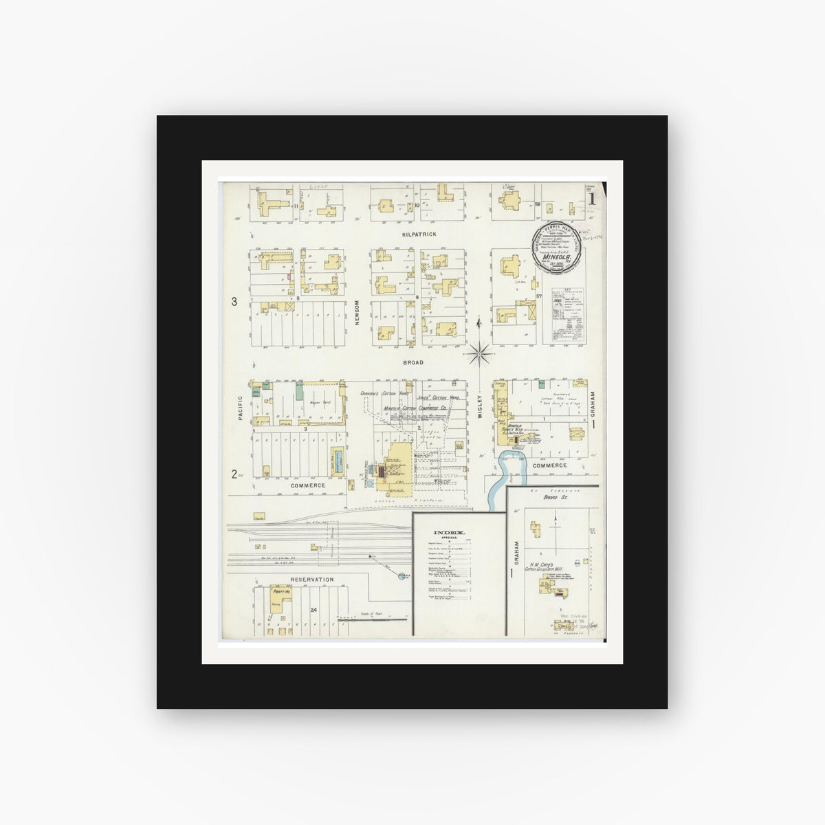 Old map wall art mockup — black gallery frame with white mat — Sanborn Fire Insurance Map from Mineola, Wood County, Texas (1896) - Complete Map Set