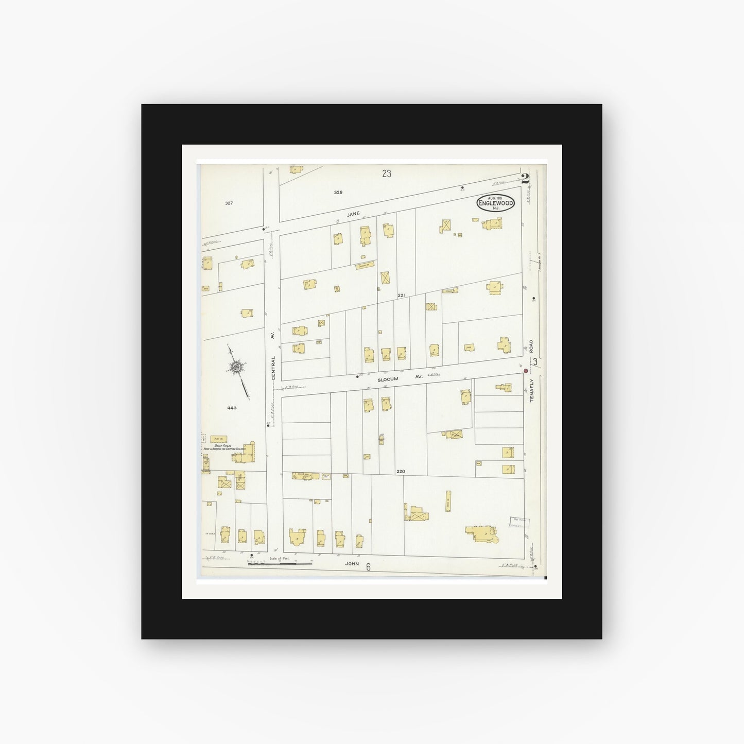 Old map wall art mockup — black gallery frame with white mat — Sanborn Fire Insurance Map from Englewood, Bergen County, New Jersey (1915) - Complete Map Set