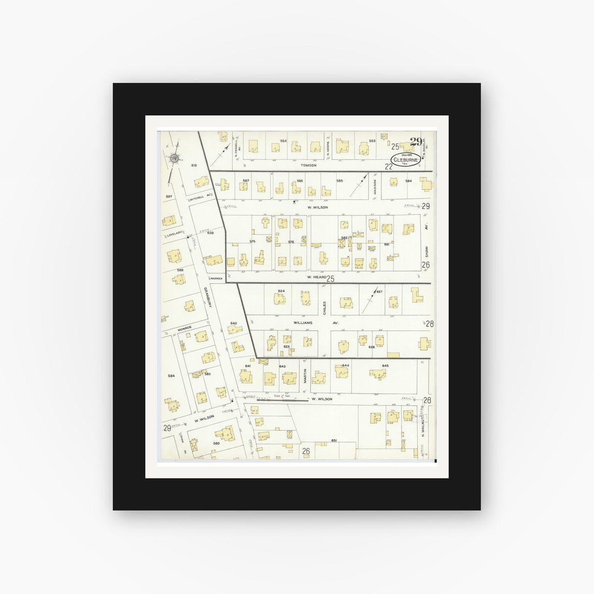 Old map wall art mockup — black gallery frame with white mat — Sanborn Fire Insurance Map from Cleburne, Johnson County, Texas (1910), Sheet #0029