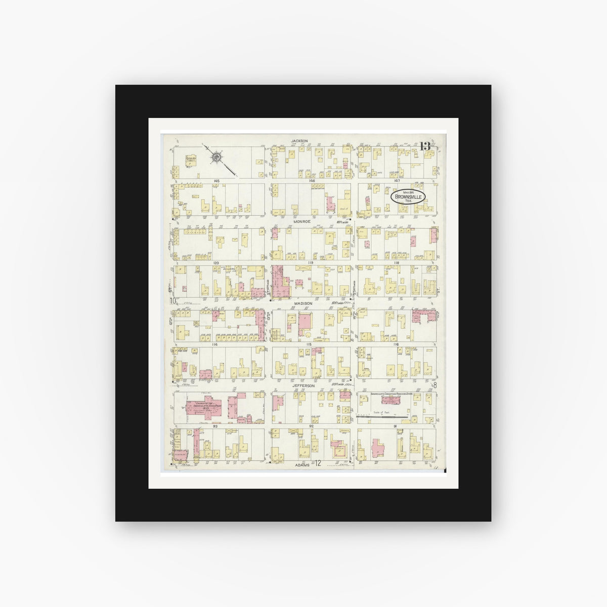 Old map wall art mockup — black gallery frame with white mat — Sanborn Fire Insurance Map from Brownsville, Cameron County, Texas (1914), Sheet #0013
