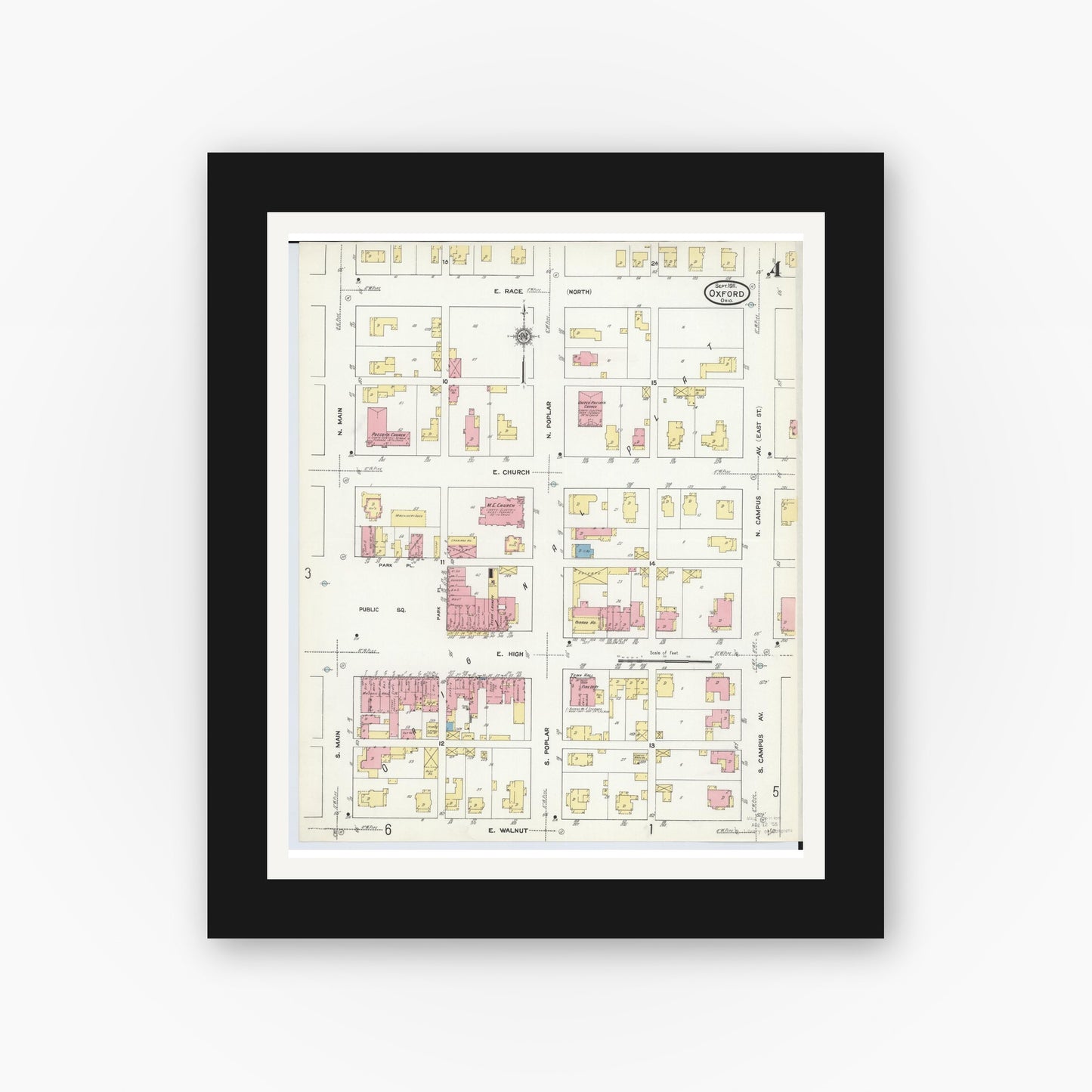 Old map wall art mockup β black gallery frame with white mat β Sanborn Fire Insurance Map from Oxford, Butler County, Ohio (1911), Sheet #0004