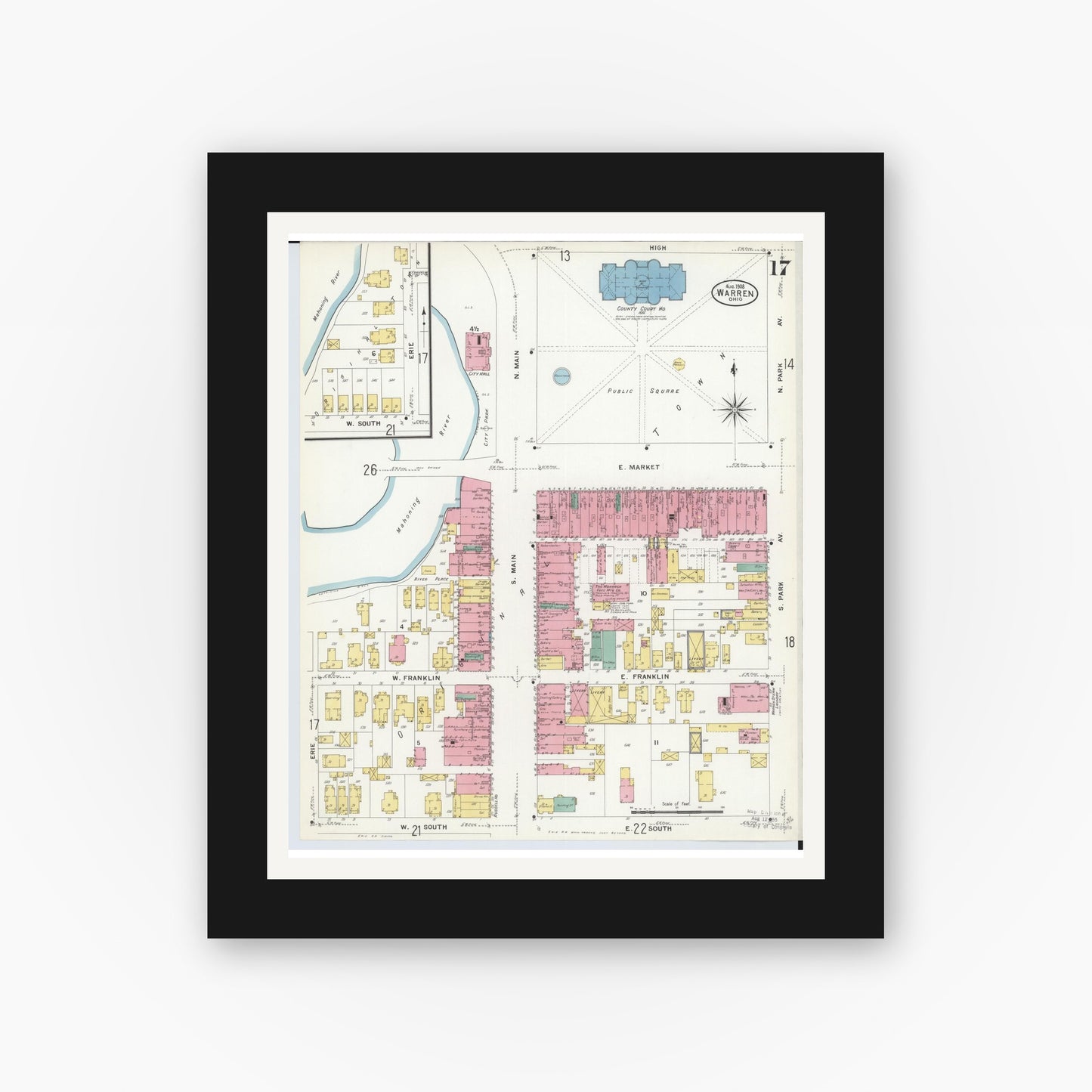 Old map wall art mockup — black gallery frame with white mat — Sanborn Fire Insurance Map from Warren, Trumbull County, Ohio (1908), Sheet #0017