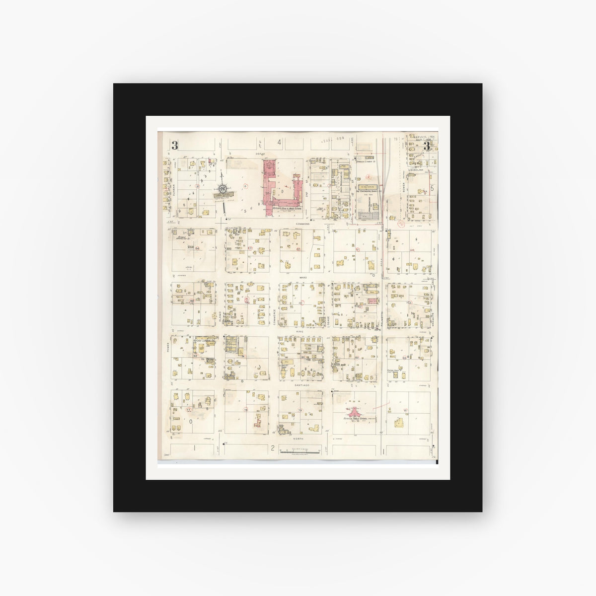 Old map wall art mockup — black gallery frame with white mat — Sanborn Fire Insurance Map from Refugio, Refugio County, Texas (1942), Sheet #0003