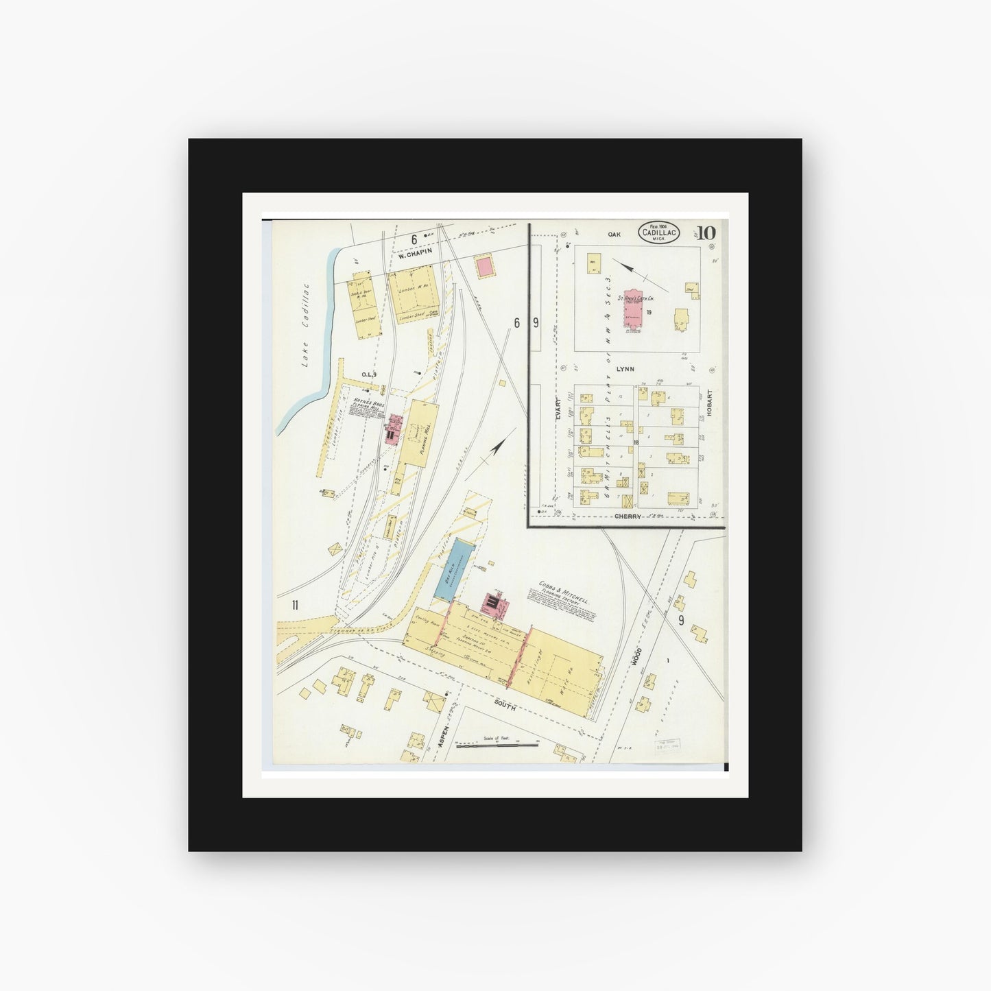 Old map wall art mockup — black gallery frame with white mat — Sanborn Fire Insurance Map from Cadillac, Wexford County, Michigan (1906), Sheet #0010