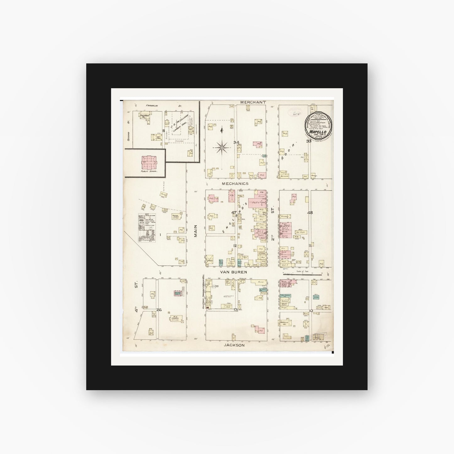 Old map wall art mockup — black gallery frame with white mat — Sanborn Fire Insurance Map from Wapello, Louisa County, Iowa (1886), Sheet #0001