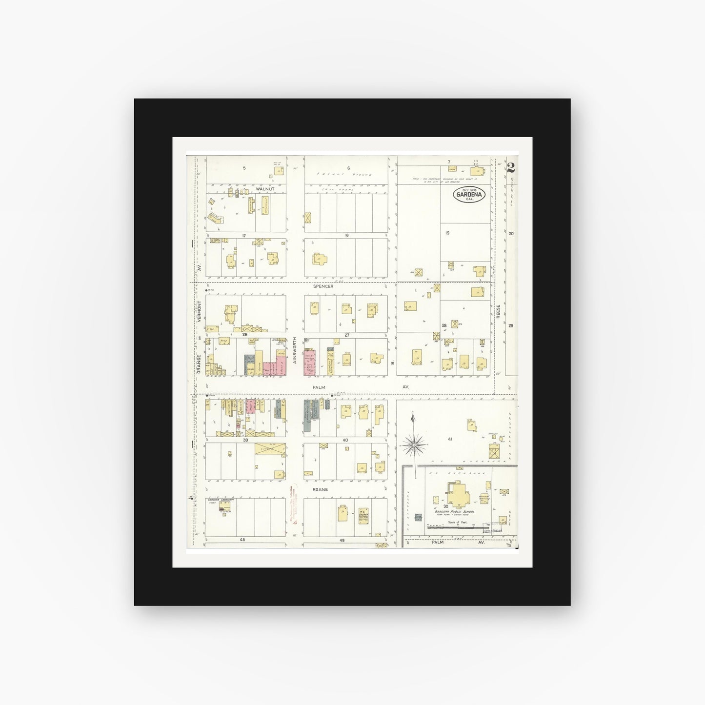 Old map wall art mockup — black gallery frame with white mat — Sanborn Fire Insurance Map from Gardena, Los Angeles County, California (1908), Sheet #0002