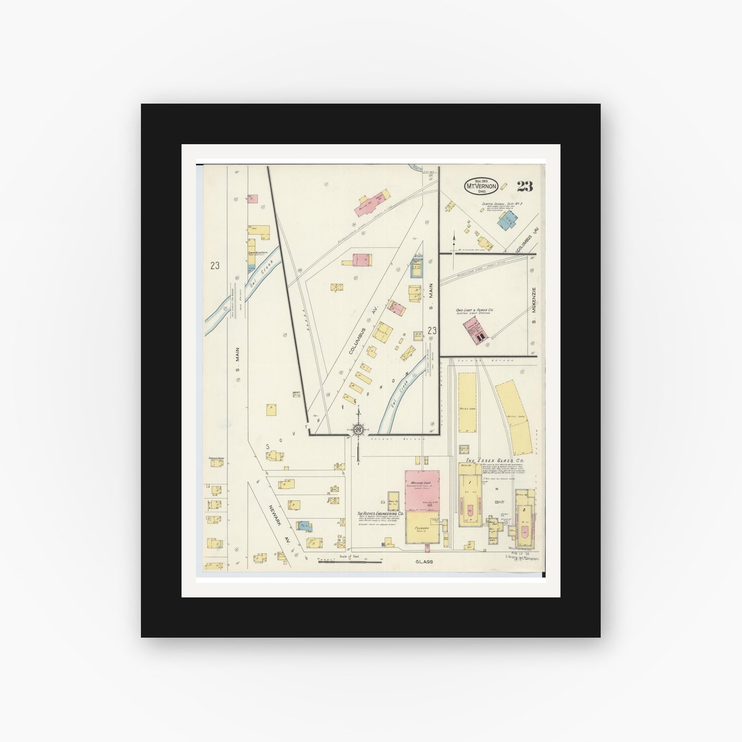 Old map wall art mockup — black gallery frame with white mat — Sanborn Fire Insurance Map from Mount Vernon, Knox County, Ohio (1913), Sheet #0023