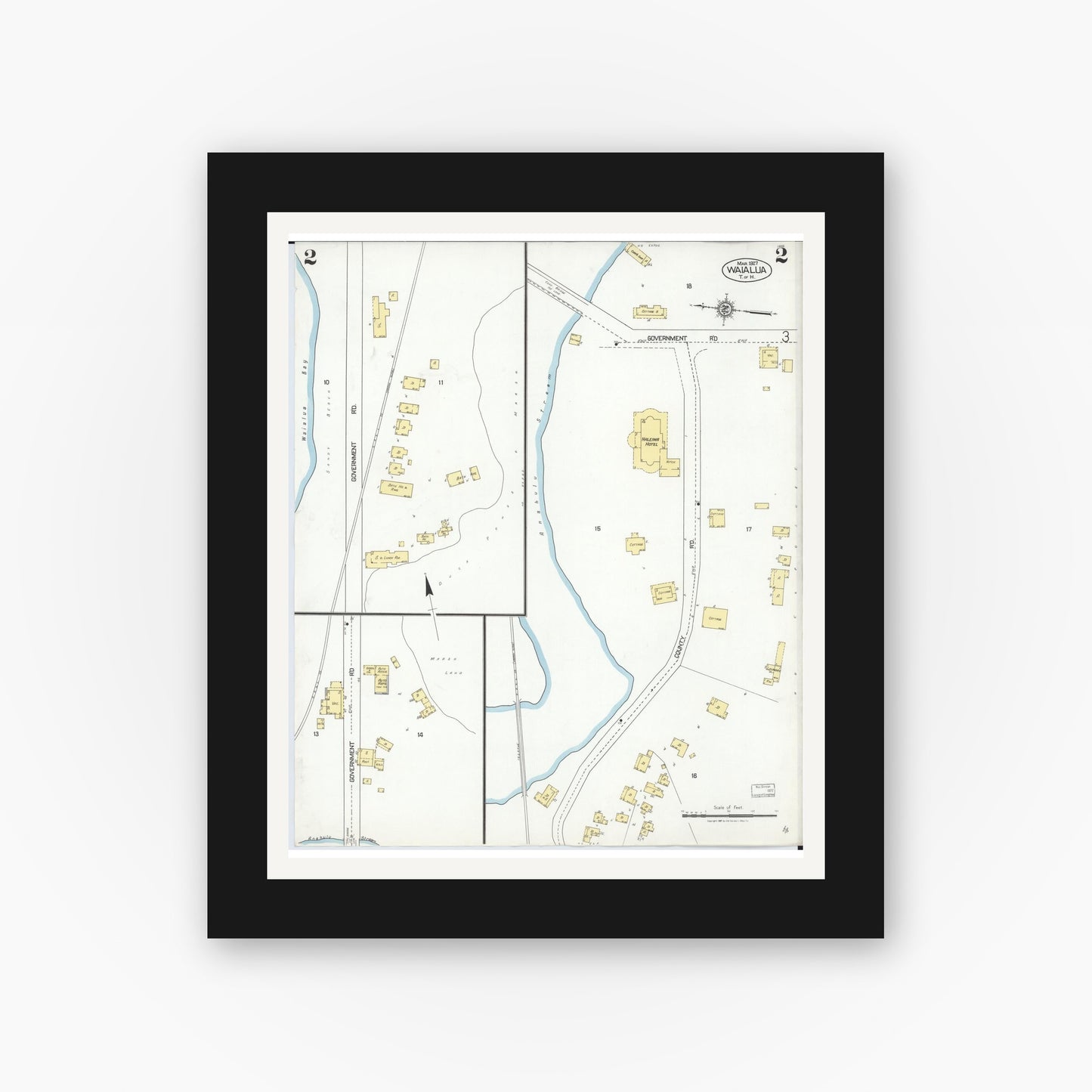 Old map wall art mockup — black gallery frame with white mat — Sanborn Fire Insurance Map from Waialua, Honolulu County, Hawaii (1927), Sheet #0002