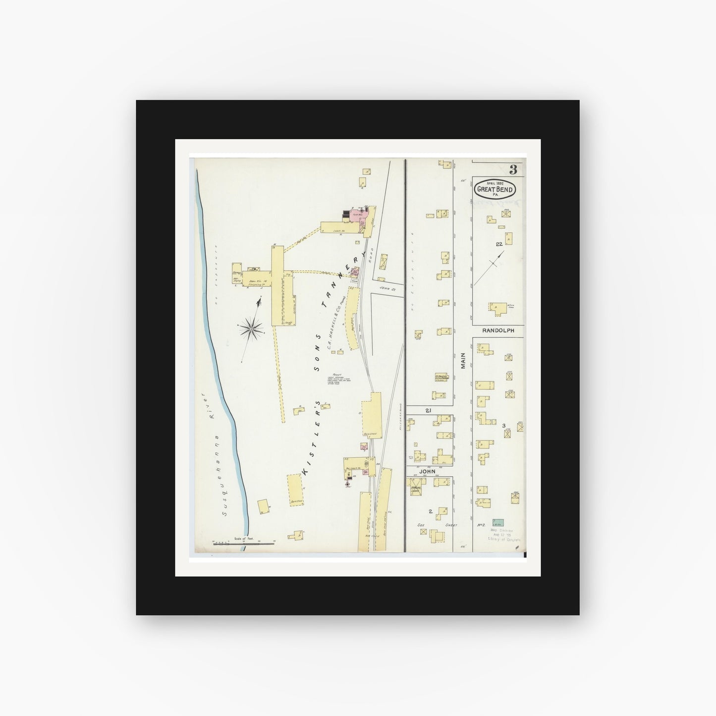 Old map wall art mockup — black gallery frame with white mat — Sanborn Fire Insurance Map from Great Bend, Susquehanna County, Pennsylvania (1892), Sheet #0003