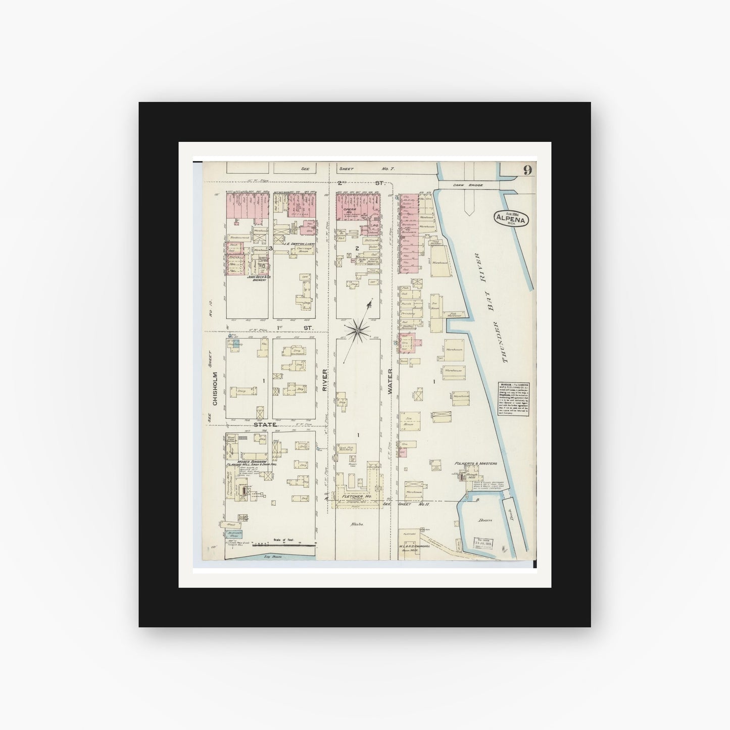 Old map wall art mockup — black gallery frame with white mat — Sanborn Fire Insurance Map from Alpena, Alpena County, Michigan (1884), Sheet #0009