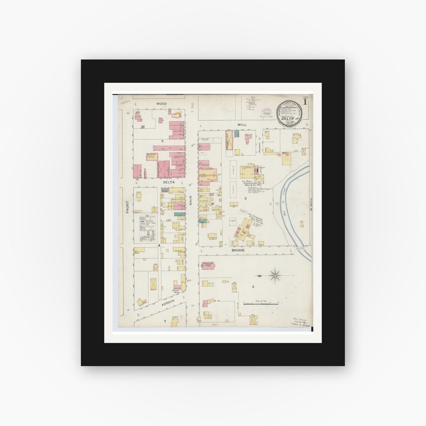 Old map wall art mockup — black gallery frame with white mat — Sanborn Fire Insurance Map from Delta, Fulton County, Ohio (1893), Sheet #0001