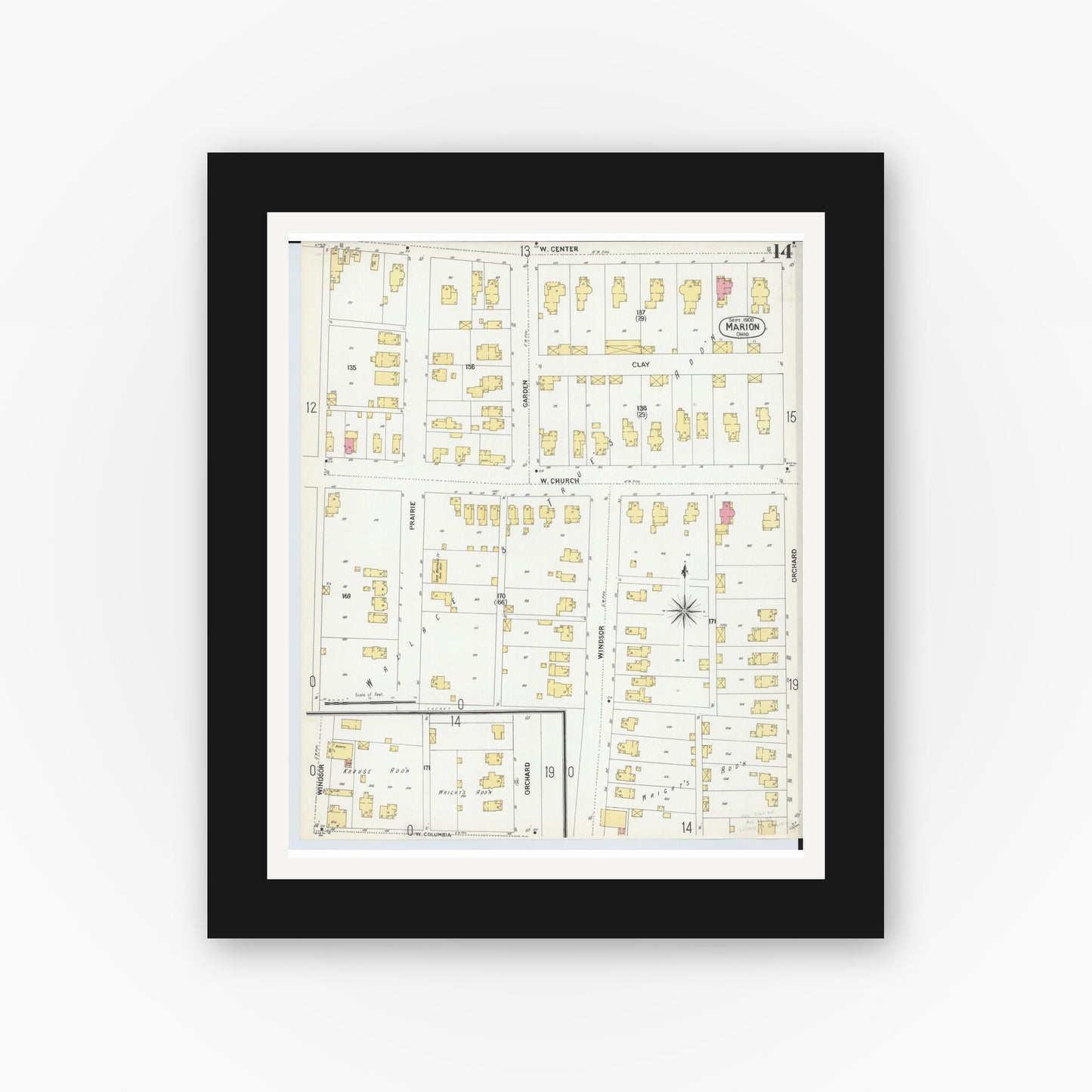 Old map wall art mockup — black gallery frame with white mat — Sanborn Fire Insurance Map from Marion, Marion County, Ohio (1900), Sheet #0014