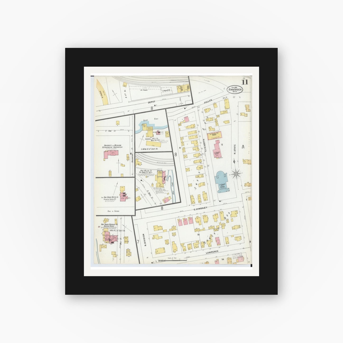 Old map wall art mockup — black gallery frame with white mat — Sanborn Fire Insurance Map from Ann Arbor, Washtenaw County, Michigan (1899), Sheet #0011
