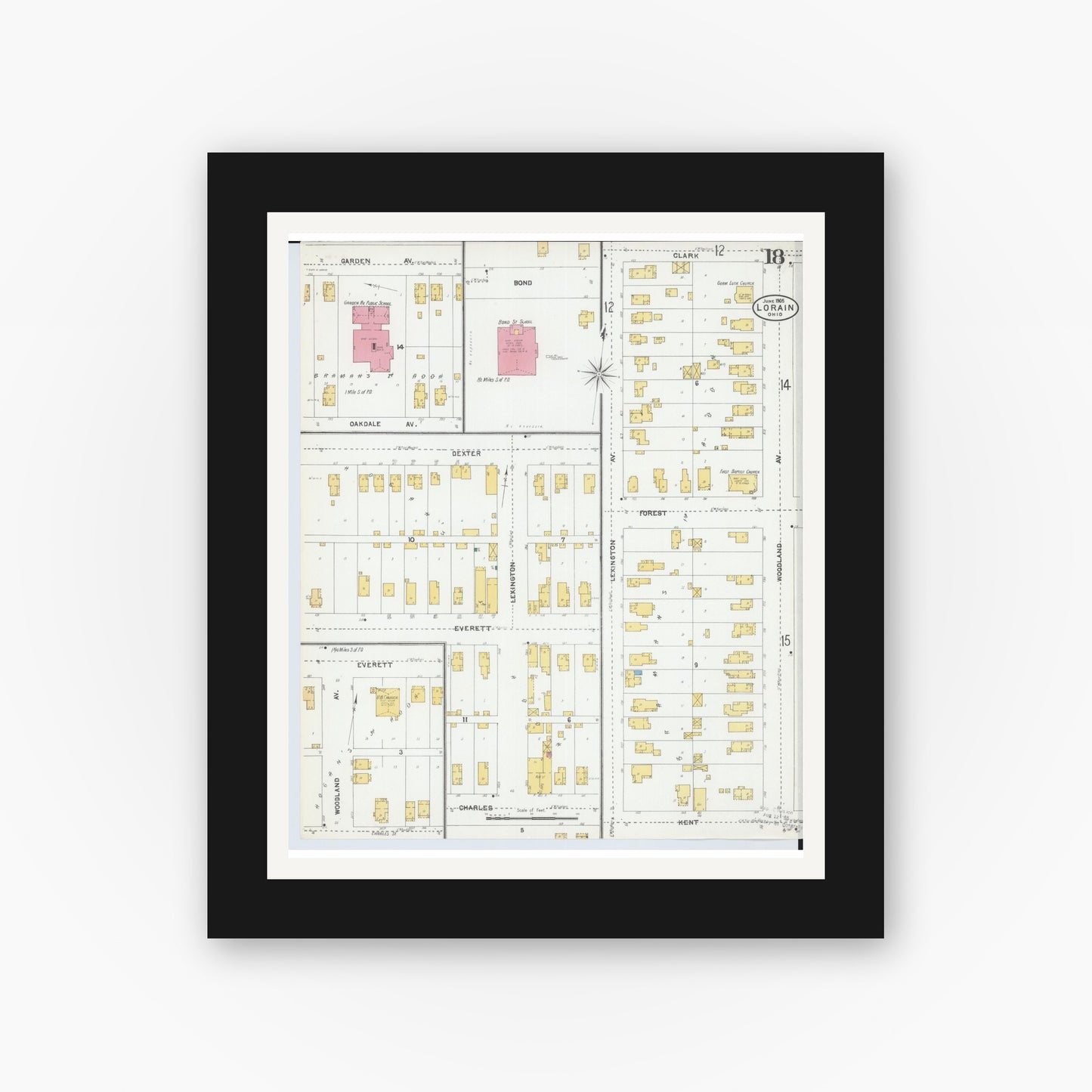 Old map wall art mockup — black gallery frame with white mat — Sanborn Fire Insurance Map from Lorain, Lorain County, Ohio (1905), Sheet #0018