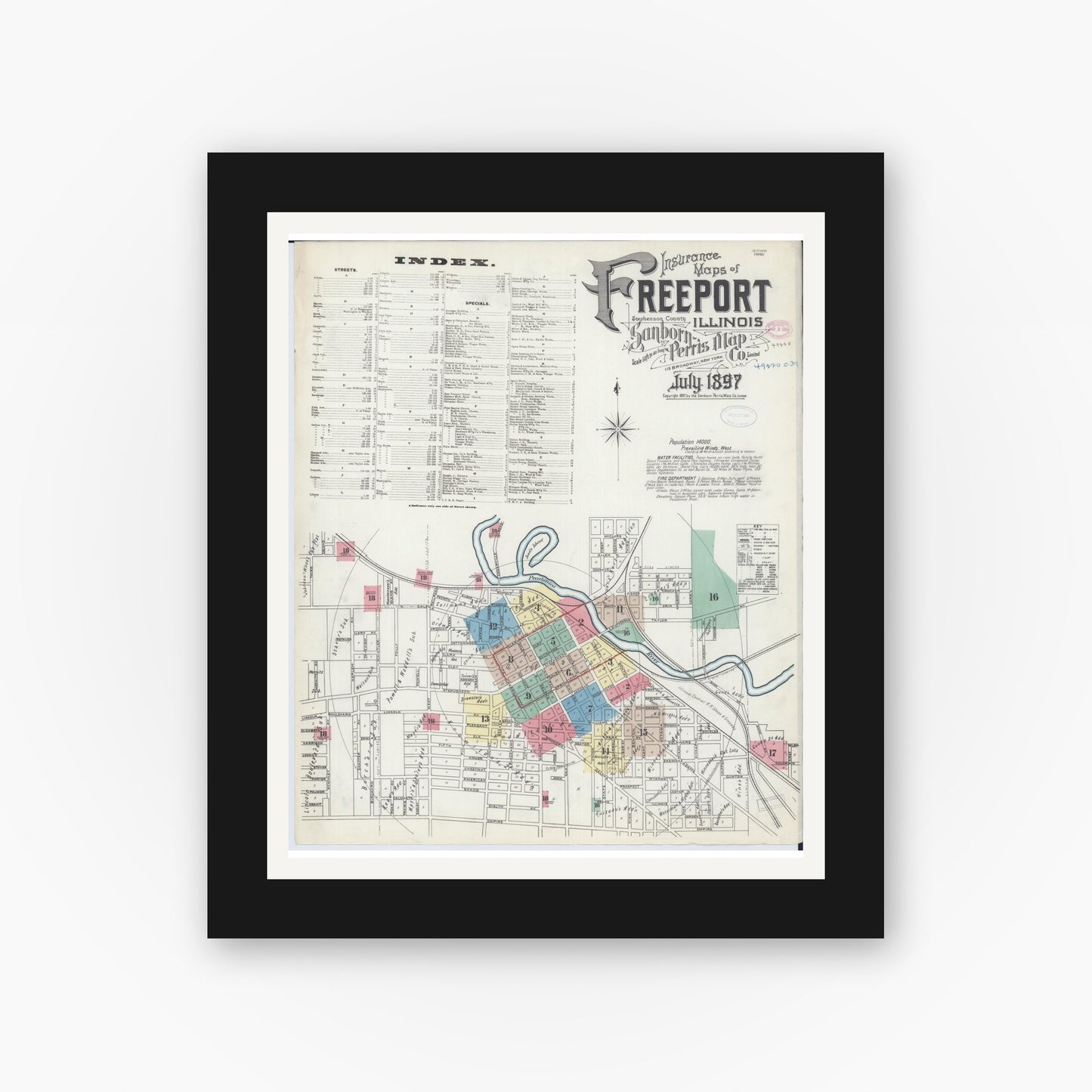 Old map wall art mockup — black gallery frame with white mat — Sanborn Fire Insurance Map from Freeport, Stephenson County, Illinois (1897), Sheet #0001