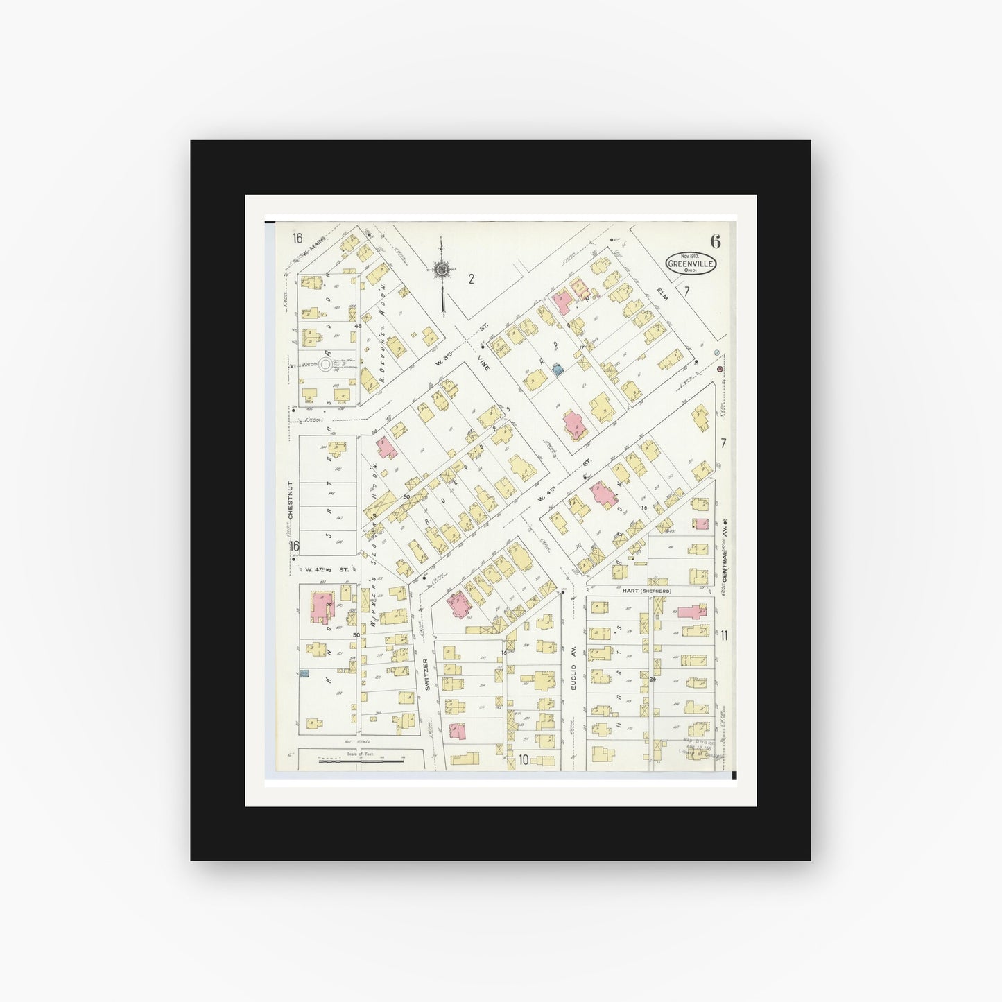 Old map wall art mockup — black gallery frame with white mat — Sanborn Fire Insurance Map from Greenville, Darke County, Ohio (1910), Sheet #0006