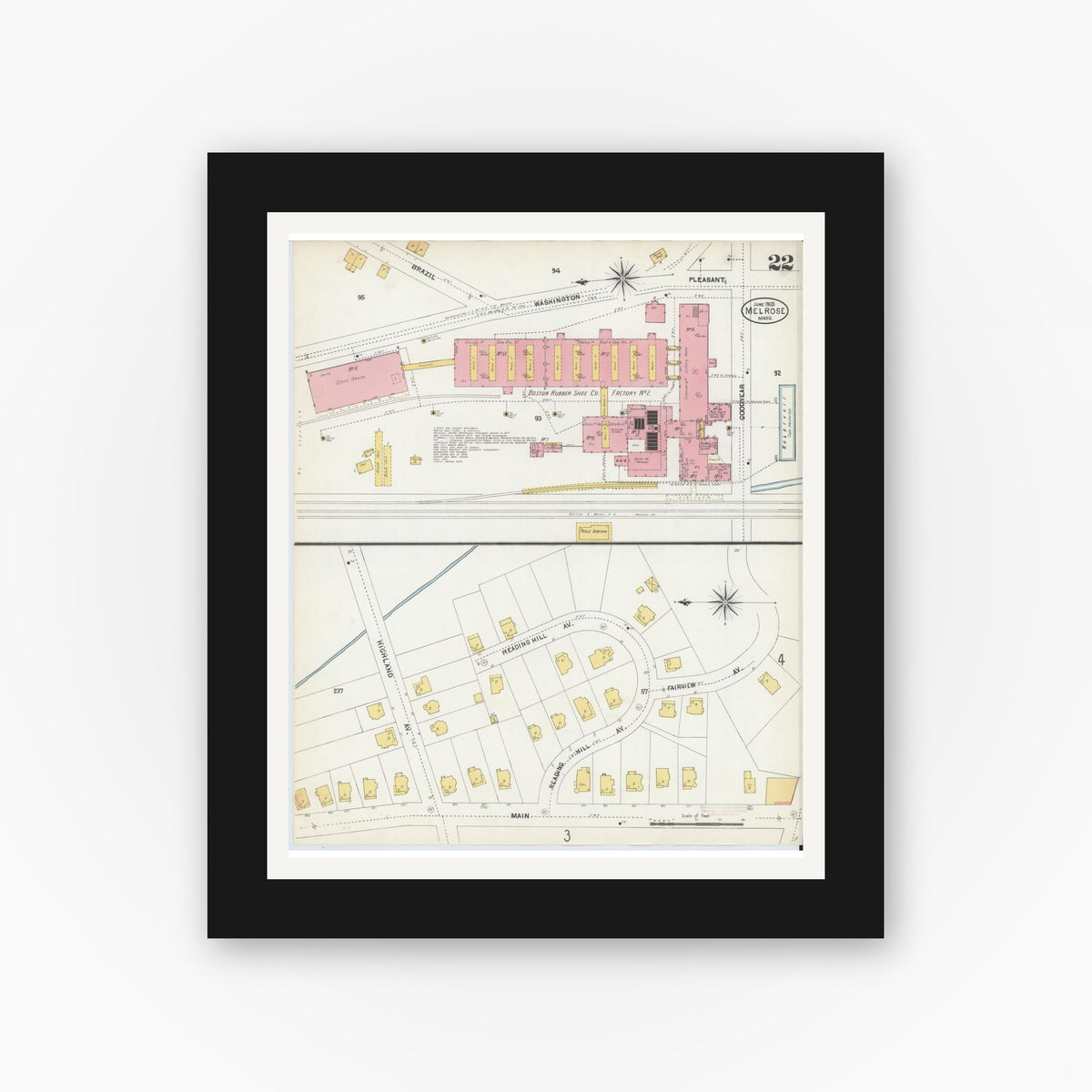 Old map wall art mockup — black gallery frame with white mat — Sanborn Fire Insurance Map from Melrose, Middlesex County, Massachusetts (1903), Sheet #0022