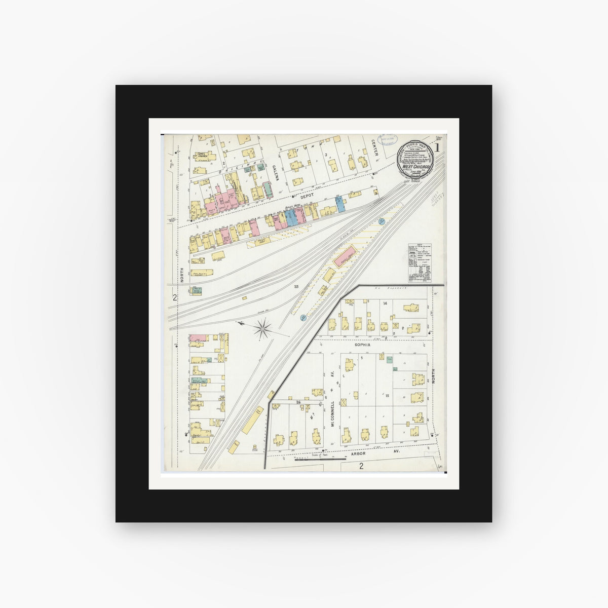 Old map wall art mockup — black gallery frame with white mat — Sanborn Fire Insurance Map from West Chicago, Du Page County, Illinois (1898) - Complete Map Set