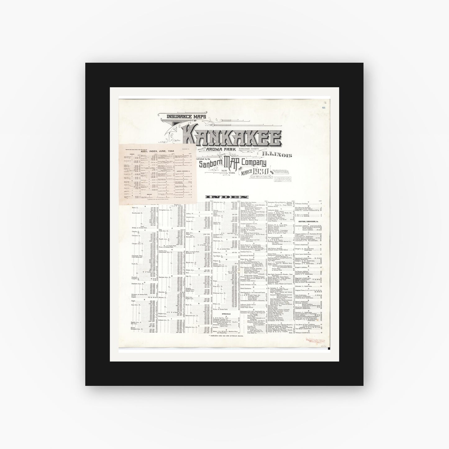 Old map wall art mockup — black gallery frame with white mat — Sanborn Fire Insurance Map from Kankakee, Kankakee County, Illinois (1948), Sheet #0001