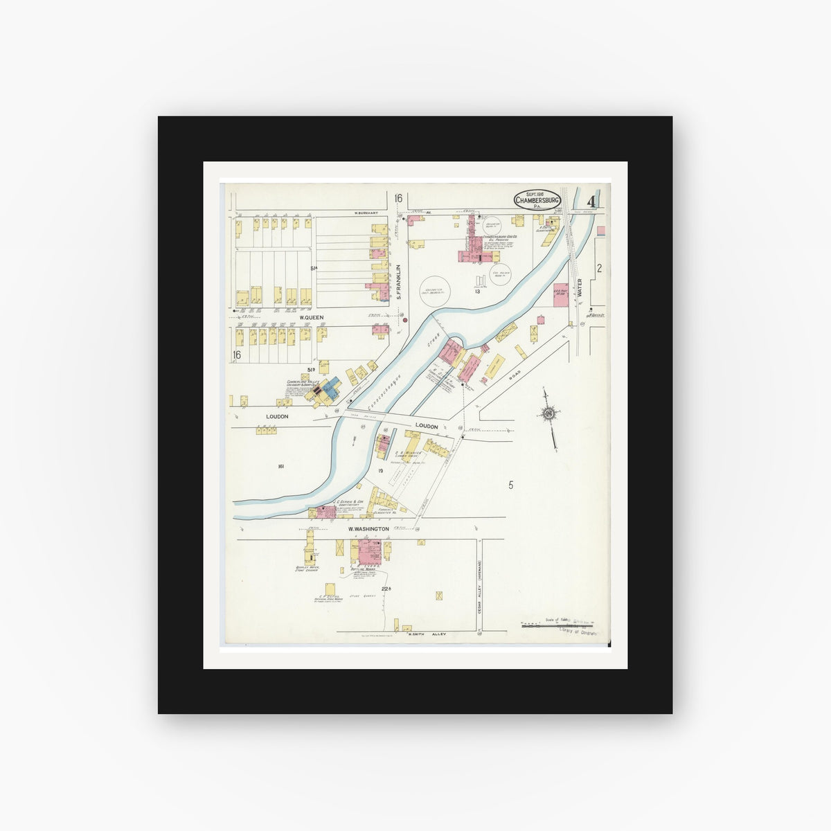 Old map wall art mockup β black gallery frame with white mat β Sanborn Fire Insurance Map from Chambersburg, Franklin County, Pennsylvania (1916), Sheet #0004