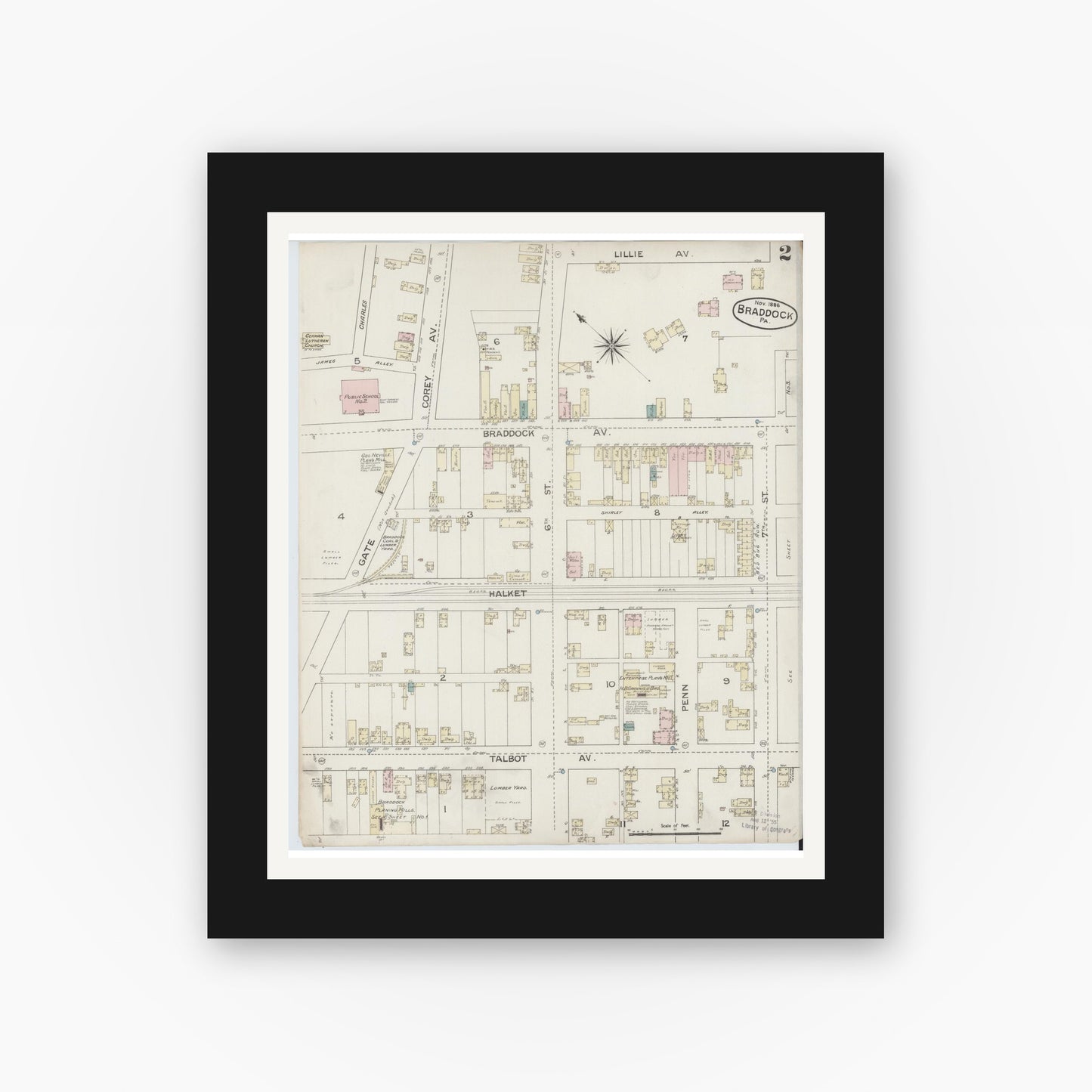Old map wall art mockup — black gallery frame with white mat — Sanborn Fire Insurance Map from Braddock, Allegheny County, Pennsylvania (1886), Sheet #0002