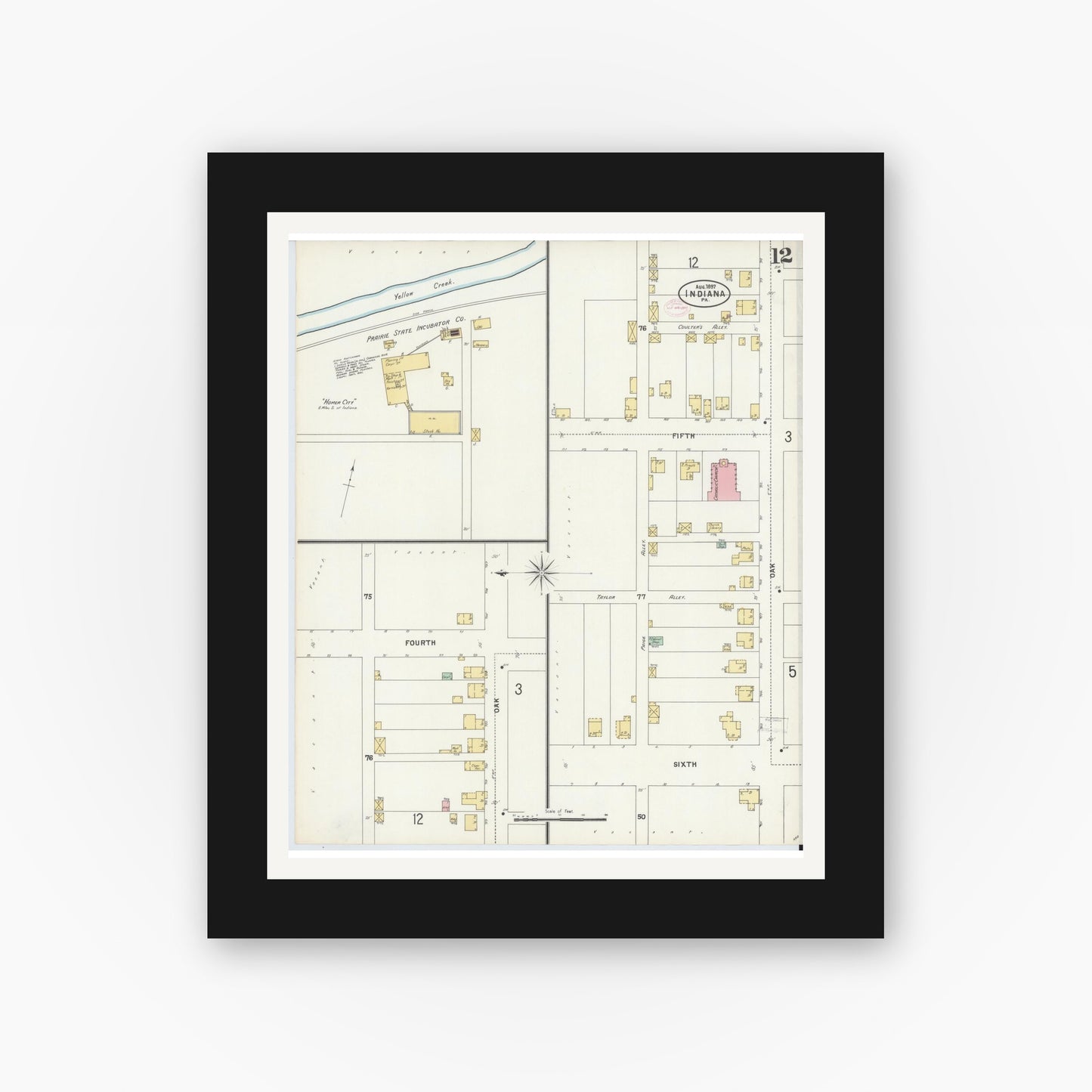 Old map wall art mockup — black gallery frame with white mat — Sanborn Fire Insurance Map from Indiana, Indiana County, Pennsylvania (1888), Sheet #0012