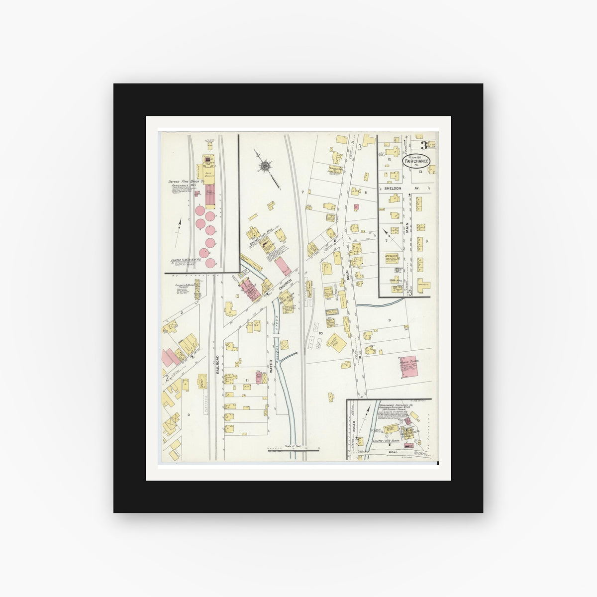 Old map wall art mockup β black gallery frame with white mat β Sanborn Fire Insurance Map from Fairchange, Fayette County, Pennsylvania (1911), Sheet #0003