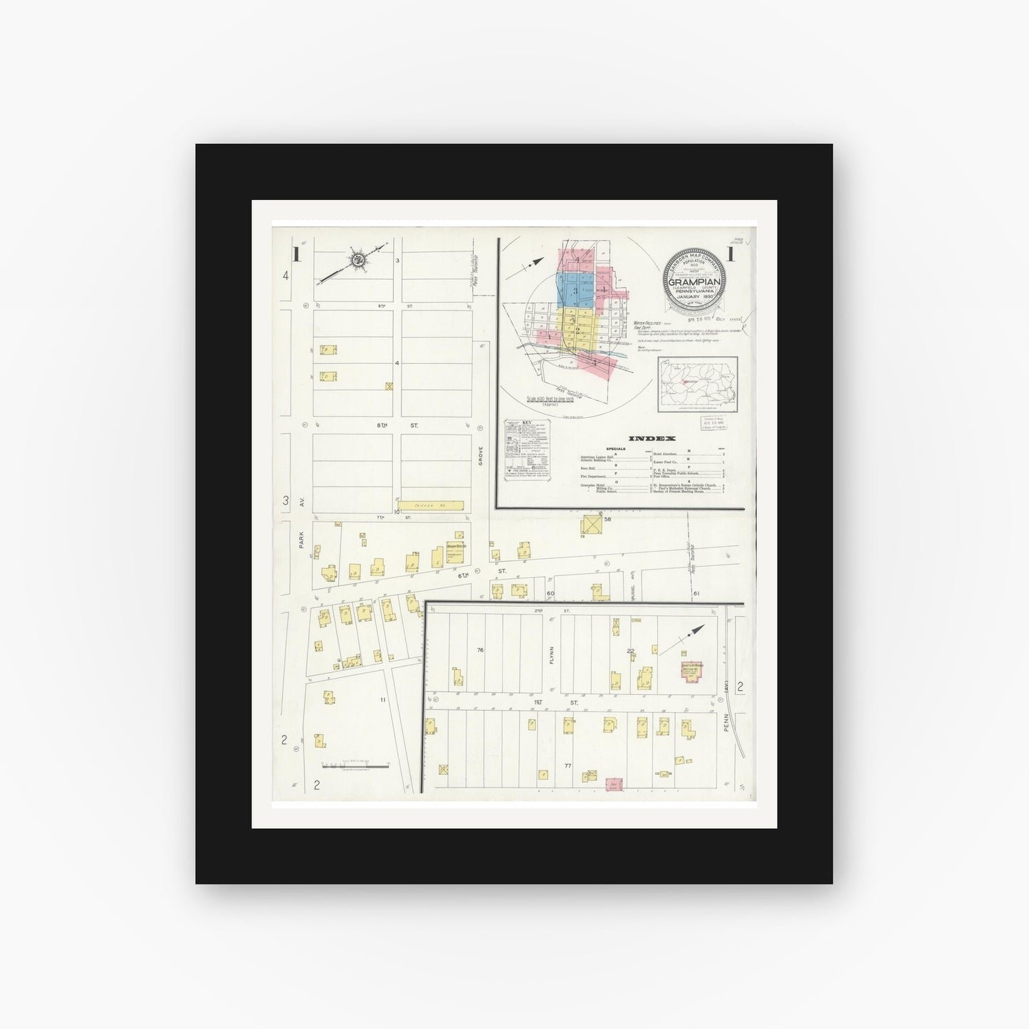Old map wall art mockup — black gallery frame with white mat — Sanborn Fire Insurance Map from Grampian, Clearfield County, Pennsylvania (1930) - Complete Map Set