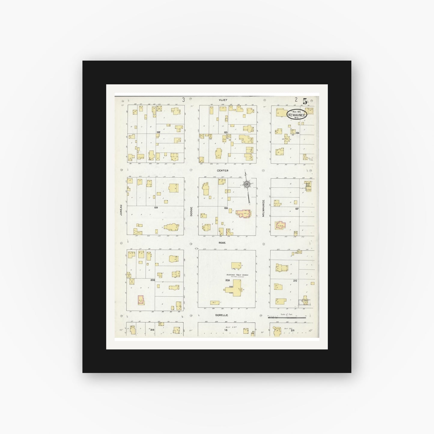 Old map wall art mockup — black gallery frame with white mat — Sanborn Fire Insurance Map from Kewaunee, Kewaunee County, Wisconsin (1911), Sheet #0005