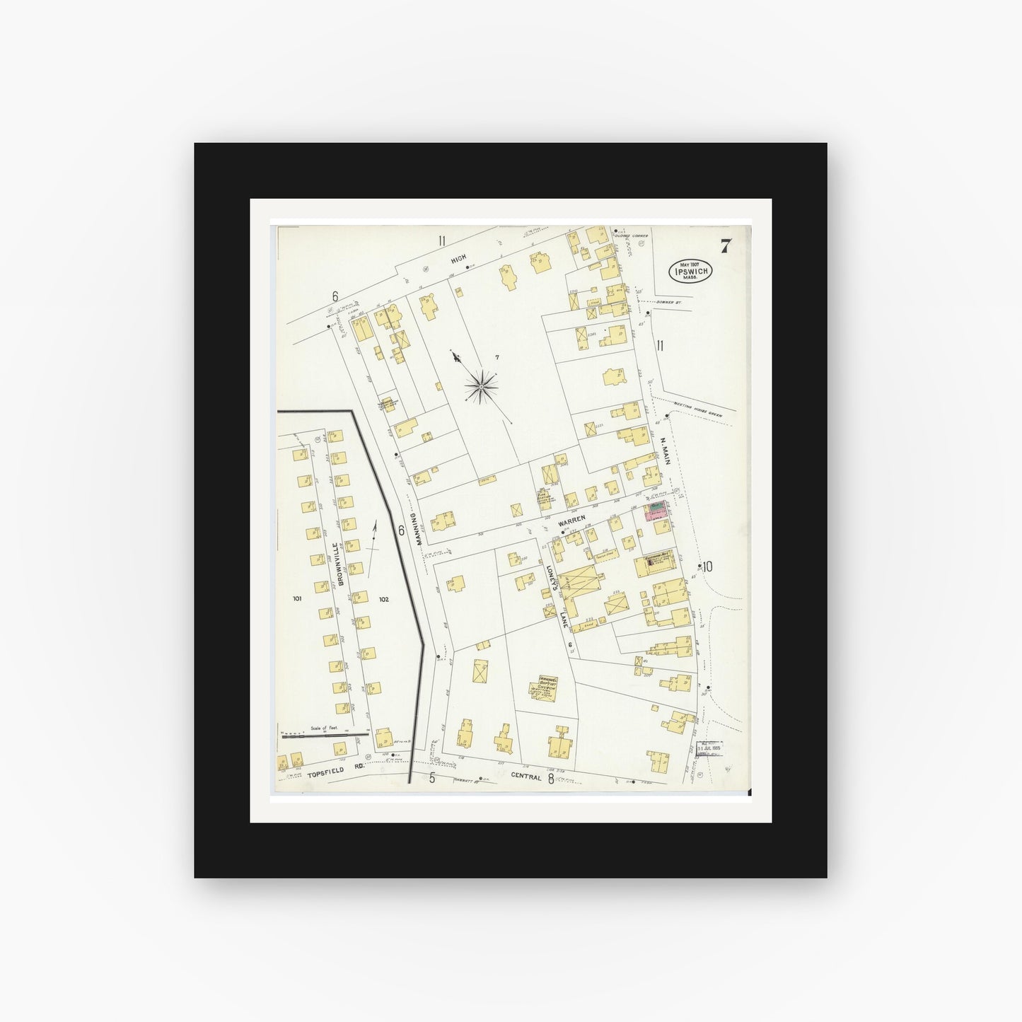 Old map wall art mockup — black gallery frame with white mat — Sanborn Fire Insurance Map from Ipswich, Essex County, Massachusetts (1907), Sheet #0007