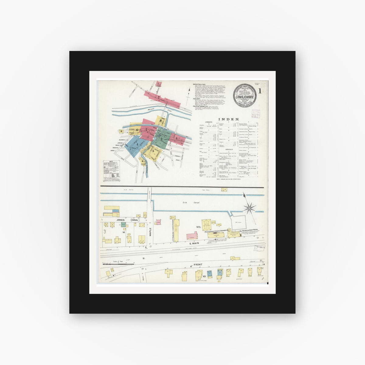 Old map wall art mockup — black gallery frame with white mat — Sanborn Fire Insurance Map from Canajoharie, Montgomery County, New York (1908) - Complete Map Set