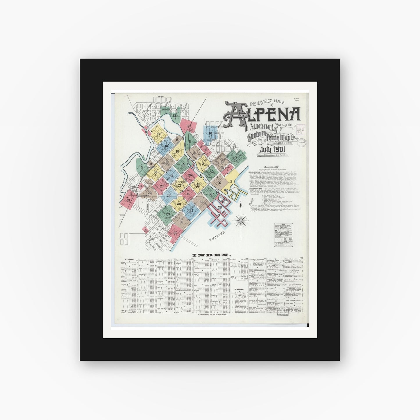 Old map wall art mockup — black gallery frame with white mat — Sanborn Fire Insurance Map from Alpena, Alpena County, Michigan (1901) - Complete Map Set