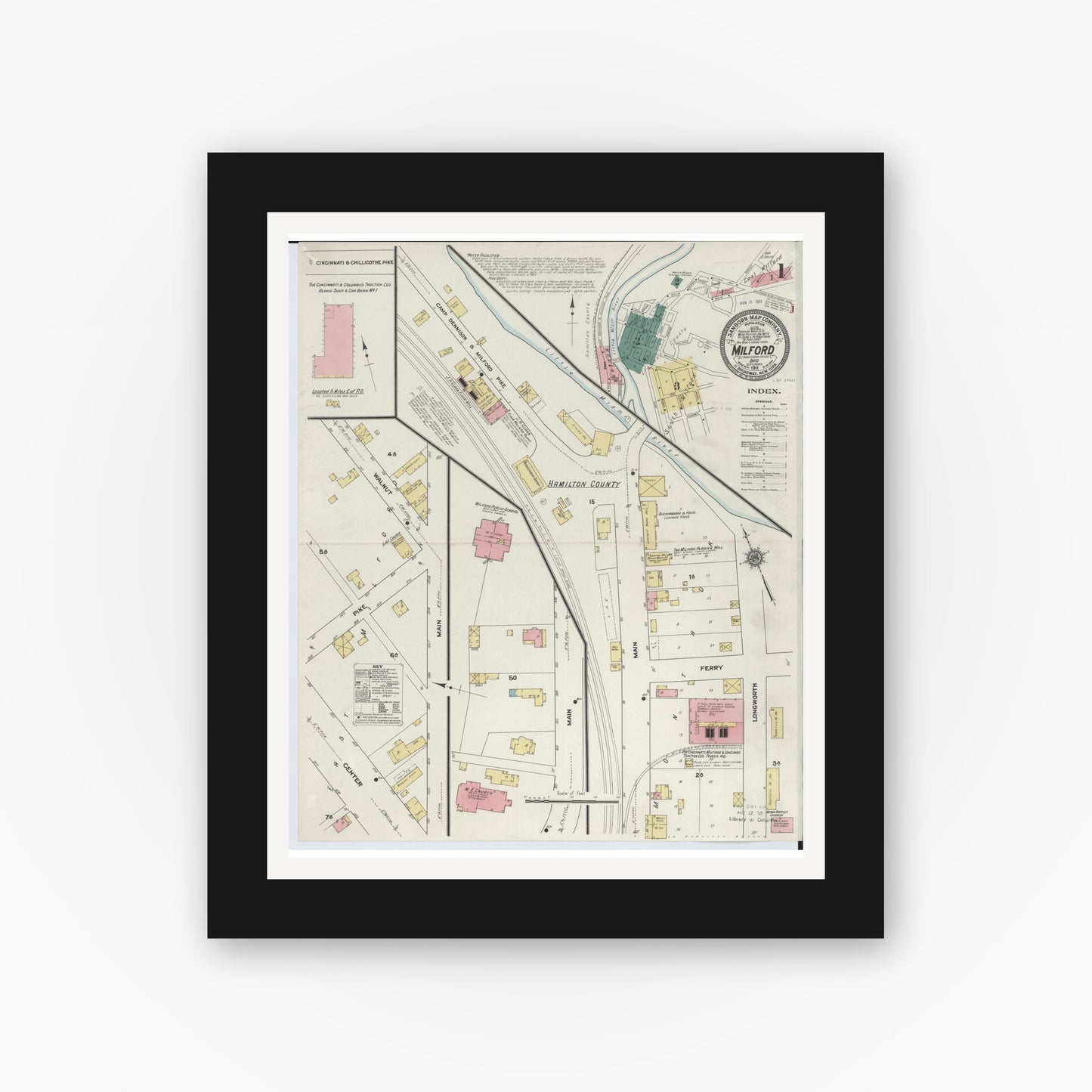 Old map wall art mockup — black gallery frame with white mat — Sanborn Fire Insurance Map from Milford, Clermont And Hamilton County, Ohio (1911) - Complete Map Set