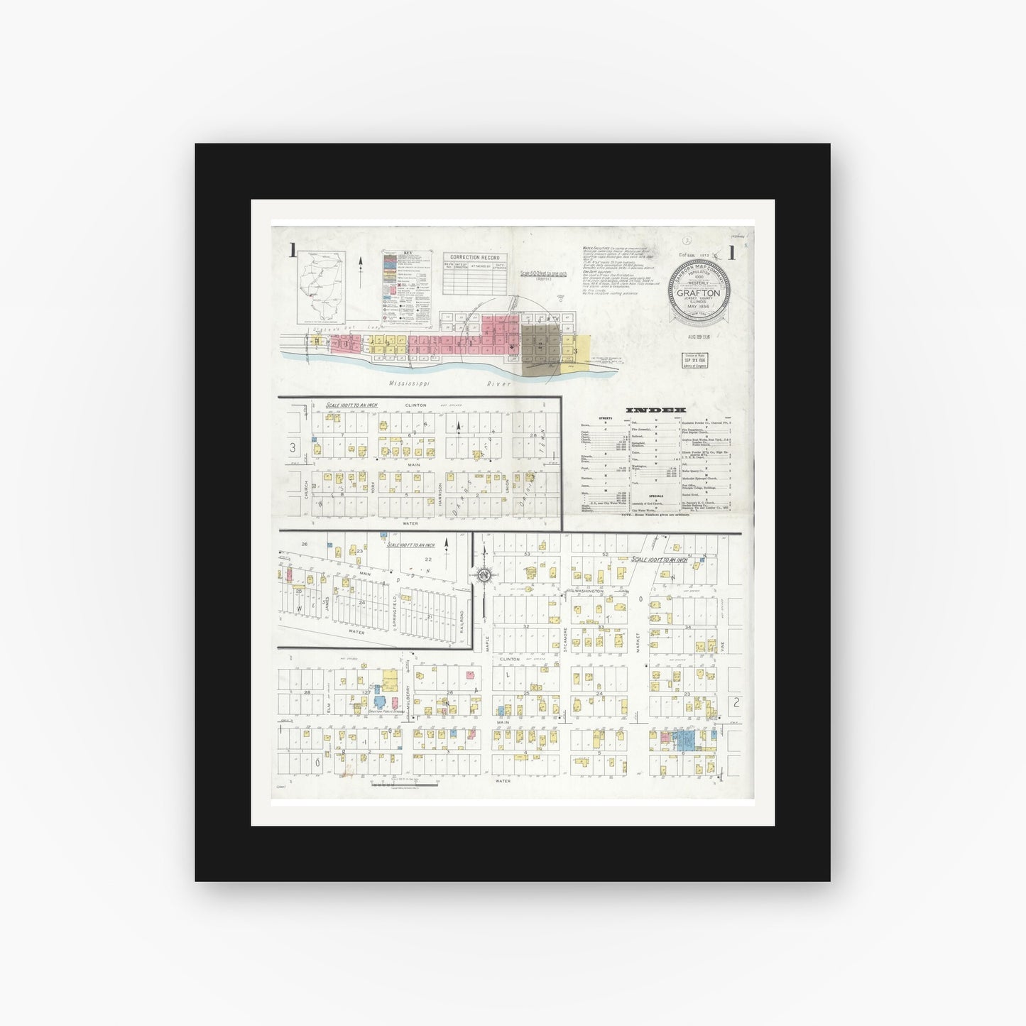 Old map wall art mockup — black gallery frame with white mat — Sanborn Fire Insurance Map from Grafton, Jersey County, Illinois (1936), Sheet #0001