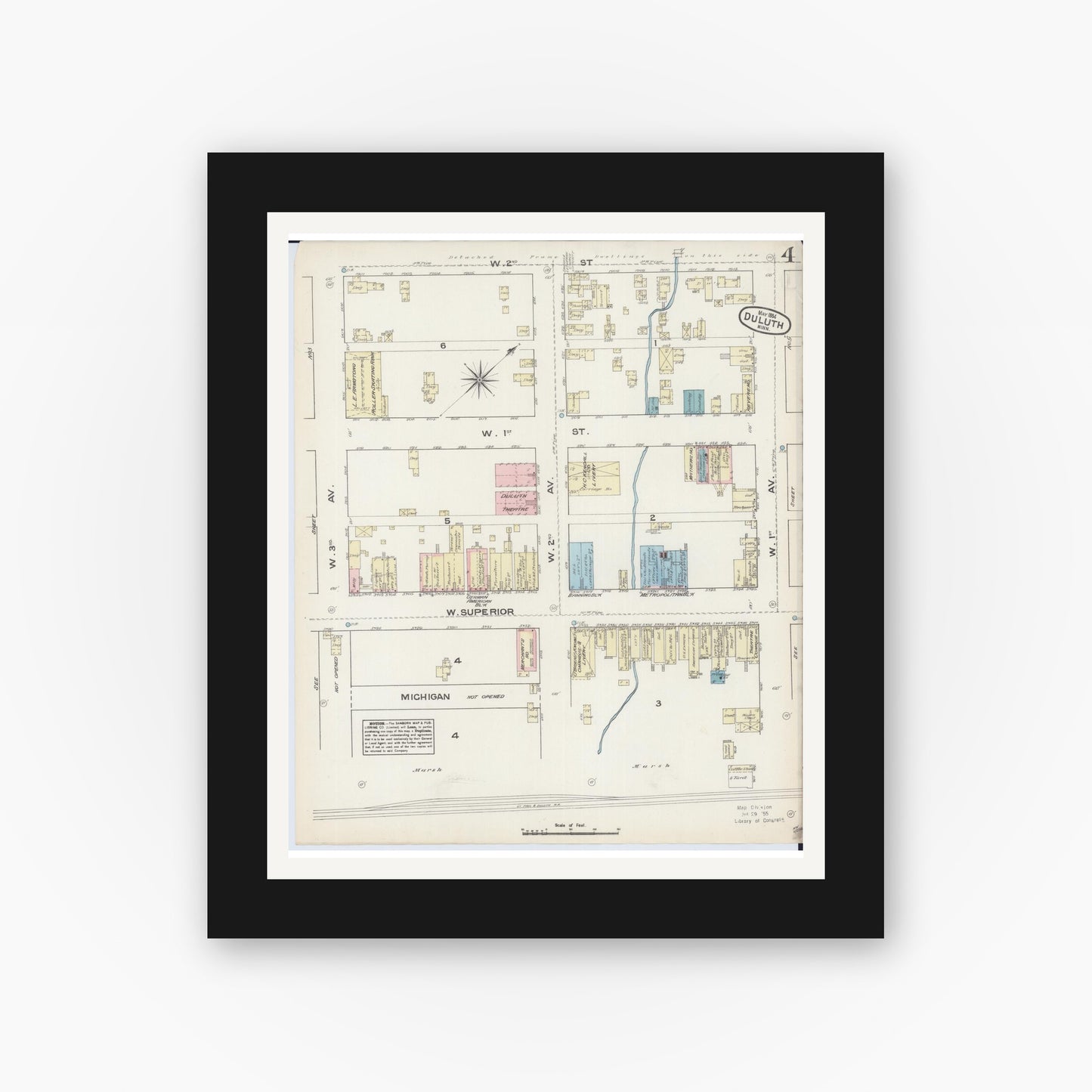Old map wall art mockup — black gallery frame with white mat — Sanborn Fire Insurance Map from Duluth, Saint Louis County, Minnesota (1884), Sheet #0004