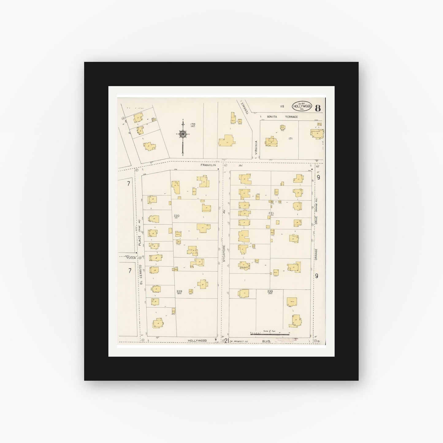 Old map wall art mockup — black gallery frame with white mat — Sanborn Fire Insurance Map from Hollywood, Los Angeles County, California (1913), Sheet #0008