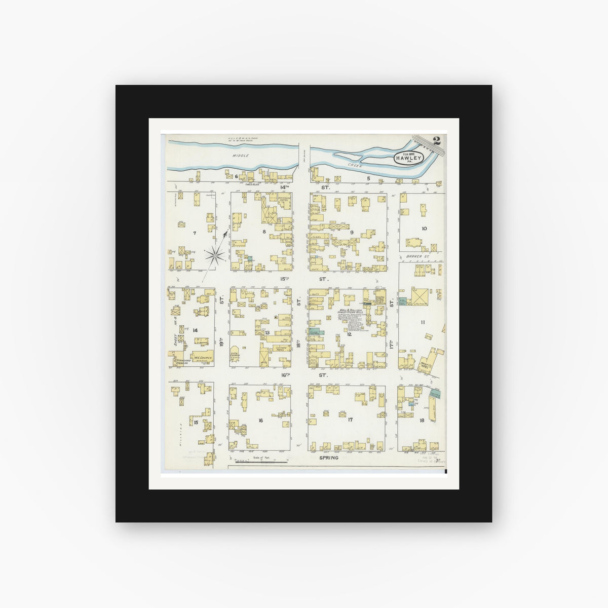 Old map wall art mockup — black gallery frame with white mat — Sanborn Fire Insurance Map from Hawley, Wayne County, Pennsylvania (1892), Sheet #0002