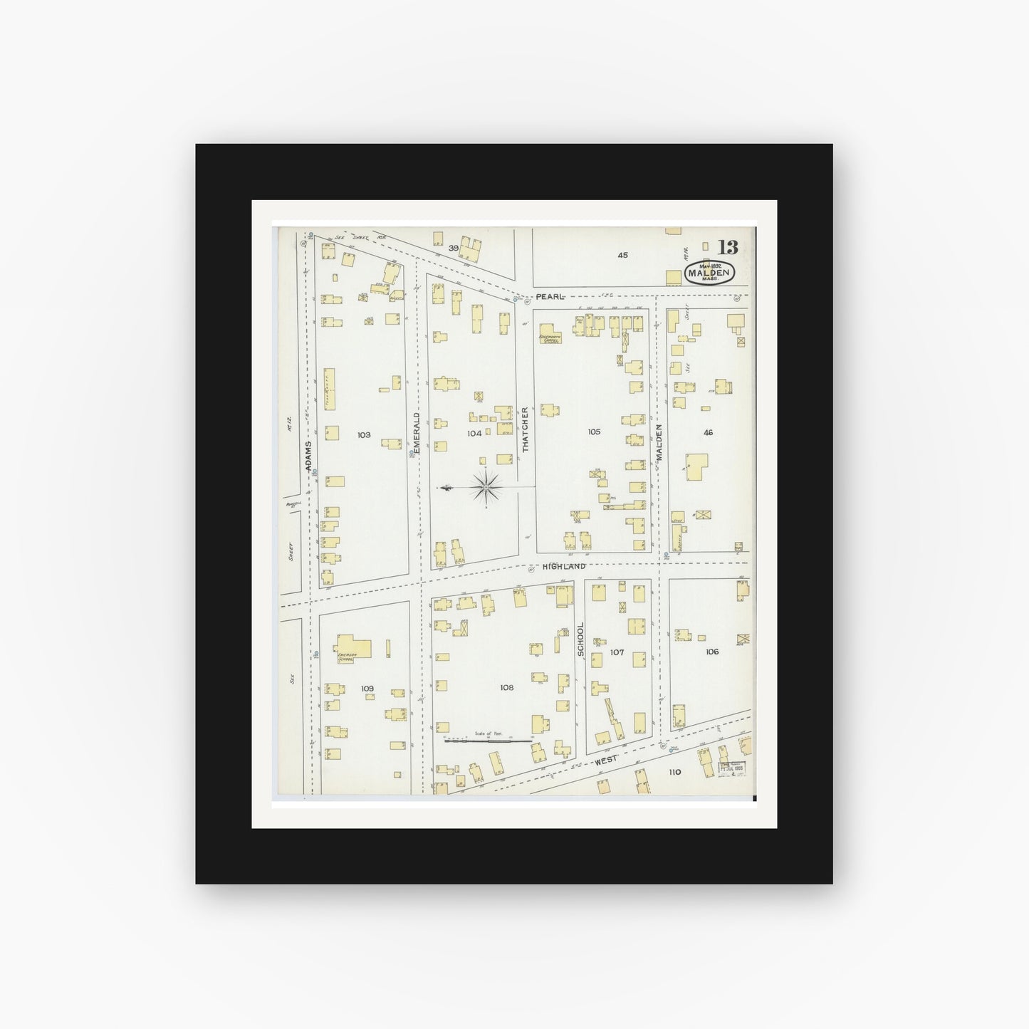 Old map wall art mockup — black gallery frame with white mat — Sanborn Fire Insurance Map from Malden, Middlesex County, Massachusetts (1892), Sheet #0013