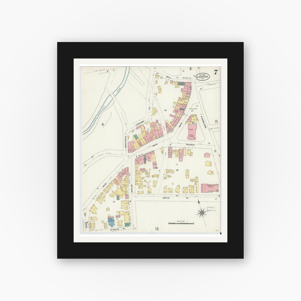 Old map wall art mockup — black gallery frame with white mat — Sanborn Fire Insurance Map from Ossining, Westchester County, New York (1903), Sheet #0007
