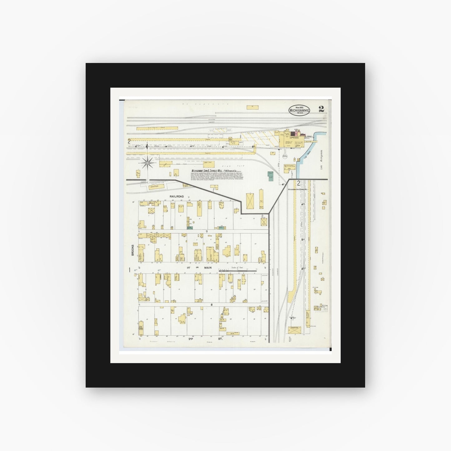 Old map wall art mockup — black gallery frame with white mat — Sanborn Fire Insurance Map from Michigamme, Marquette County, Michigan (1902), Sheet #0002