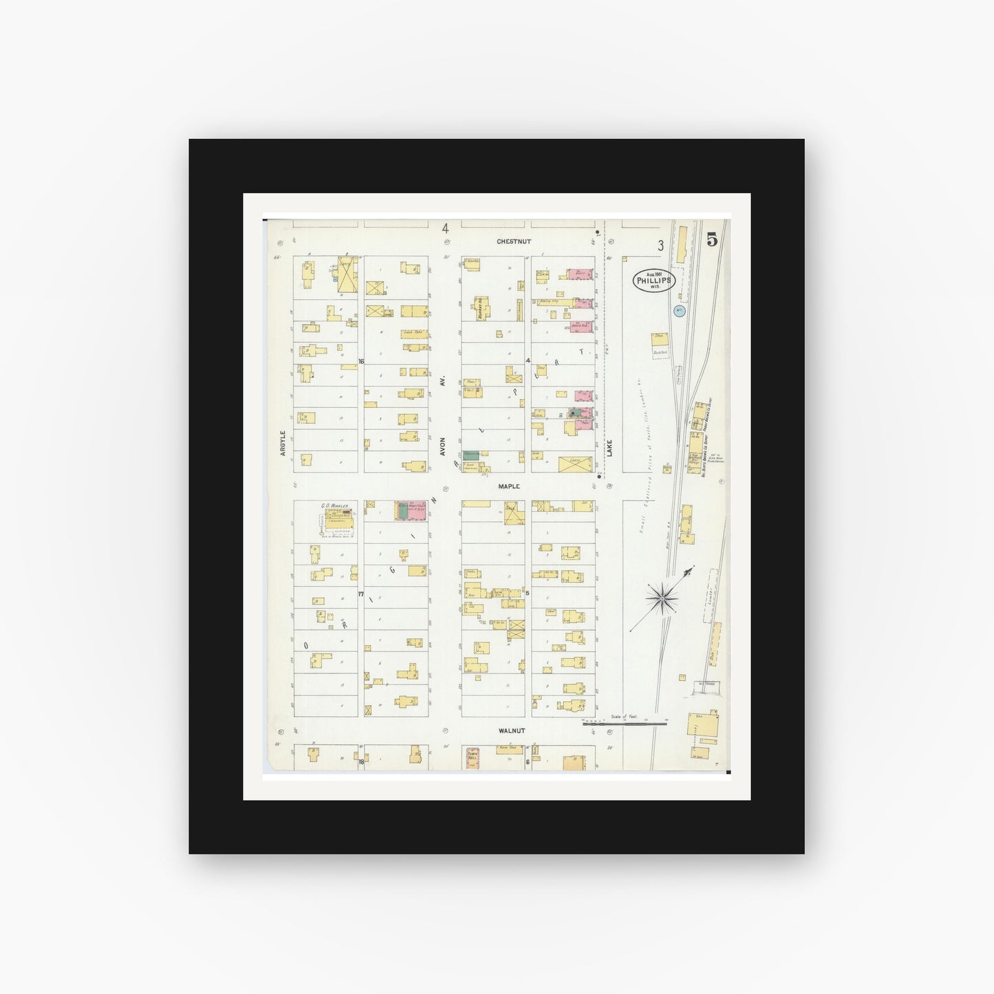 Old map wall art mockup — black gallery frame with white mat — Sanborn Fire Insurance Map from Phillips, Price County, Wisconsin (1901), Sheet #0005